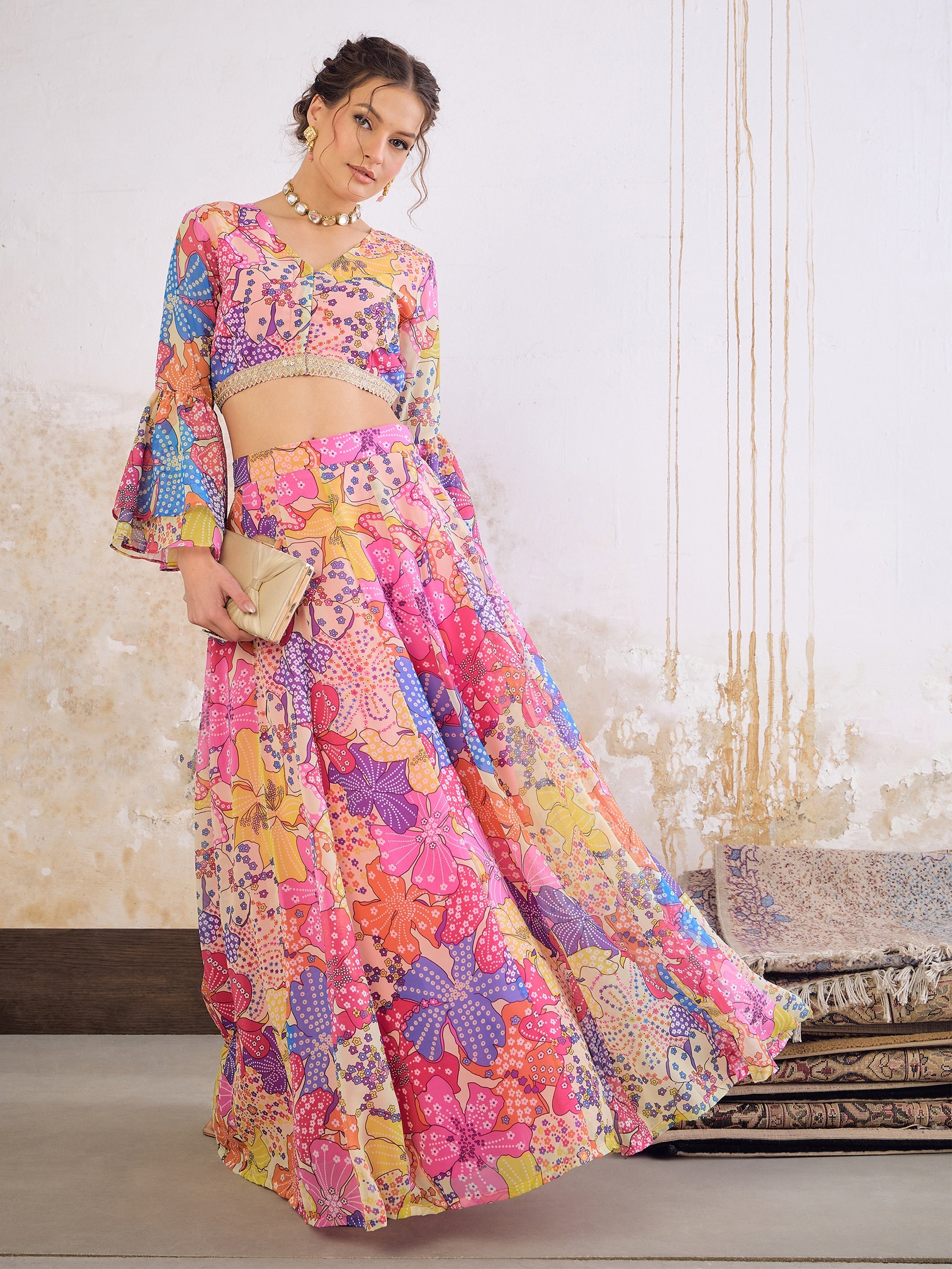 Women Pink Floral Frill Sleeves Crop Top With Anarkali Skirt