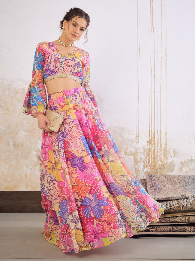 Women Pink Floral Frill Sleeves Crop Top With Anarkali Skirt