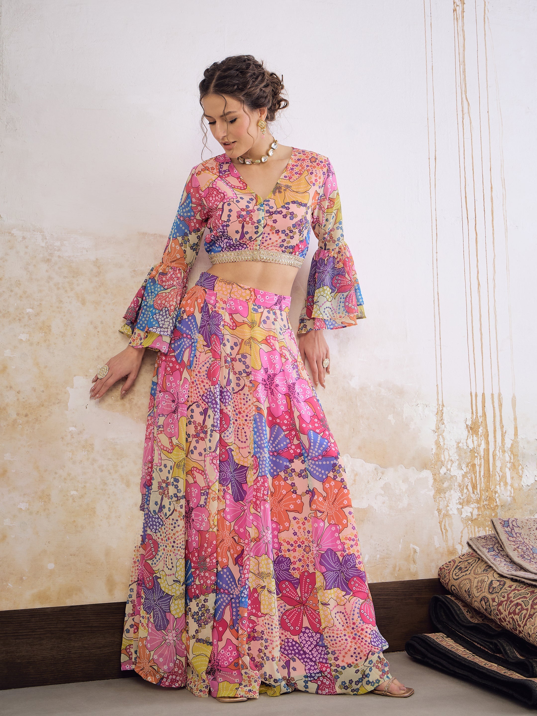 Women Pink Floral Frill Sleeves Crop Top With Anarkali Skirt