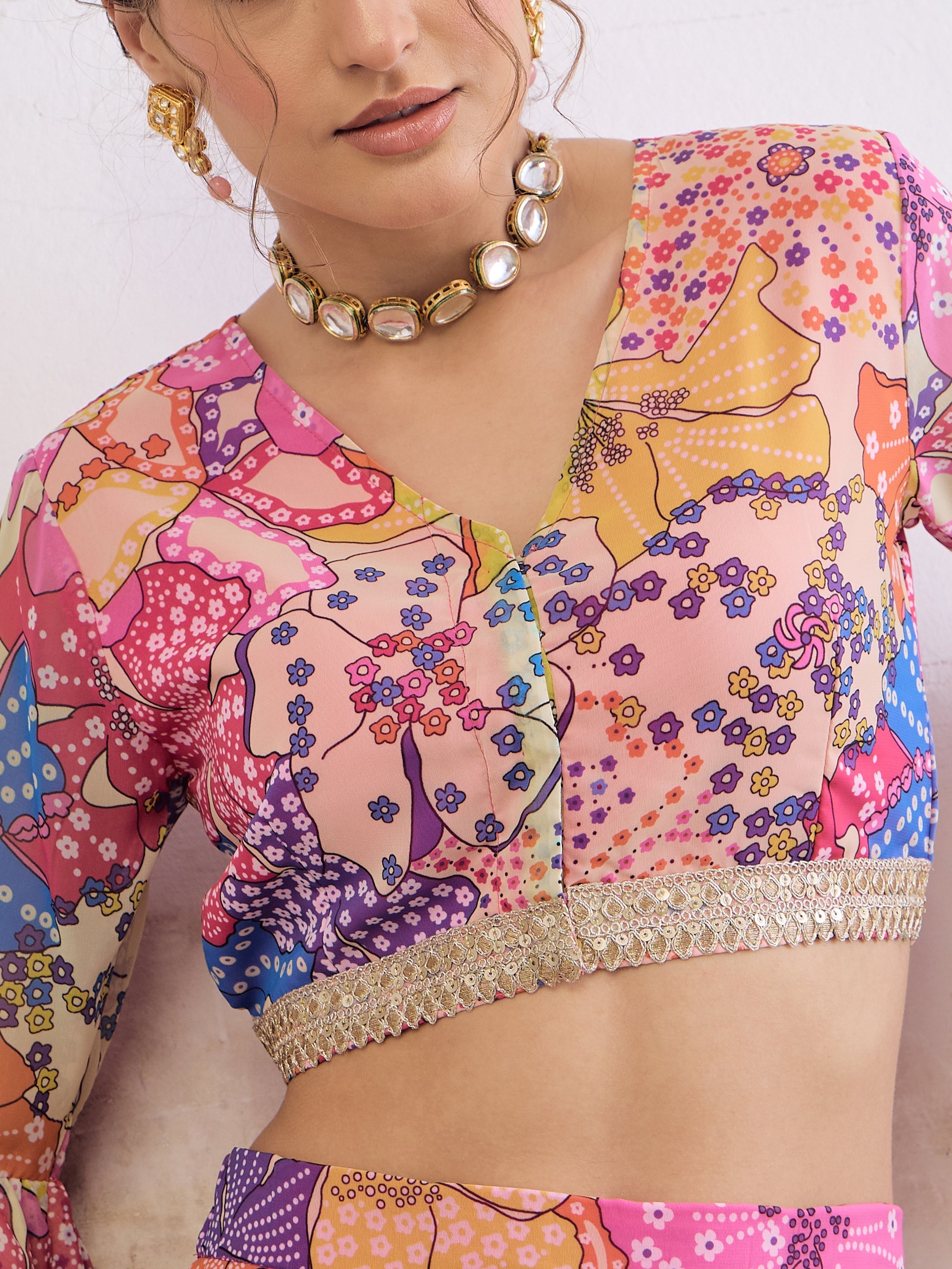 Women Pink Floral Frill Sleeves Crop Top With Anarkali Skirt