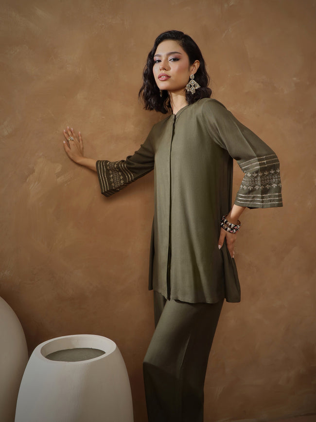 Women Olive Zari Embroidered Sleeves Top With Pants