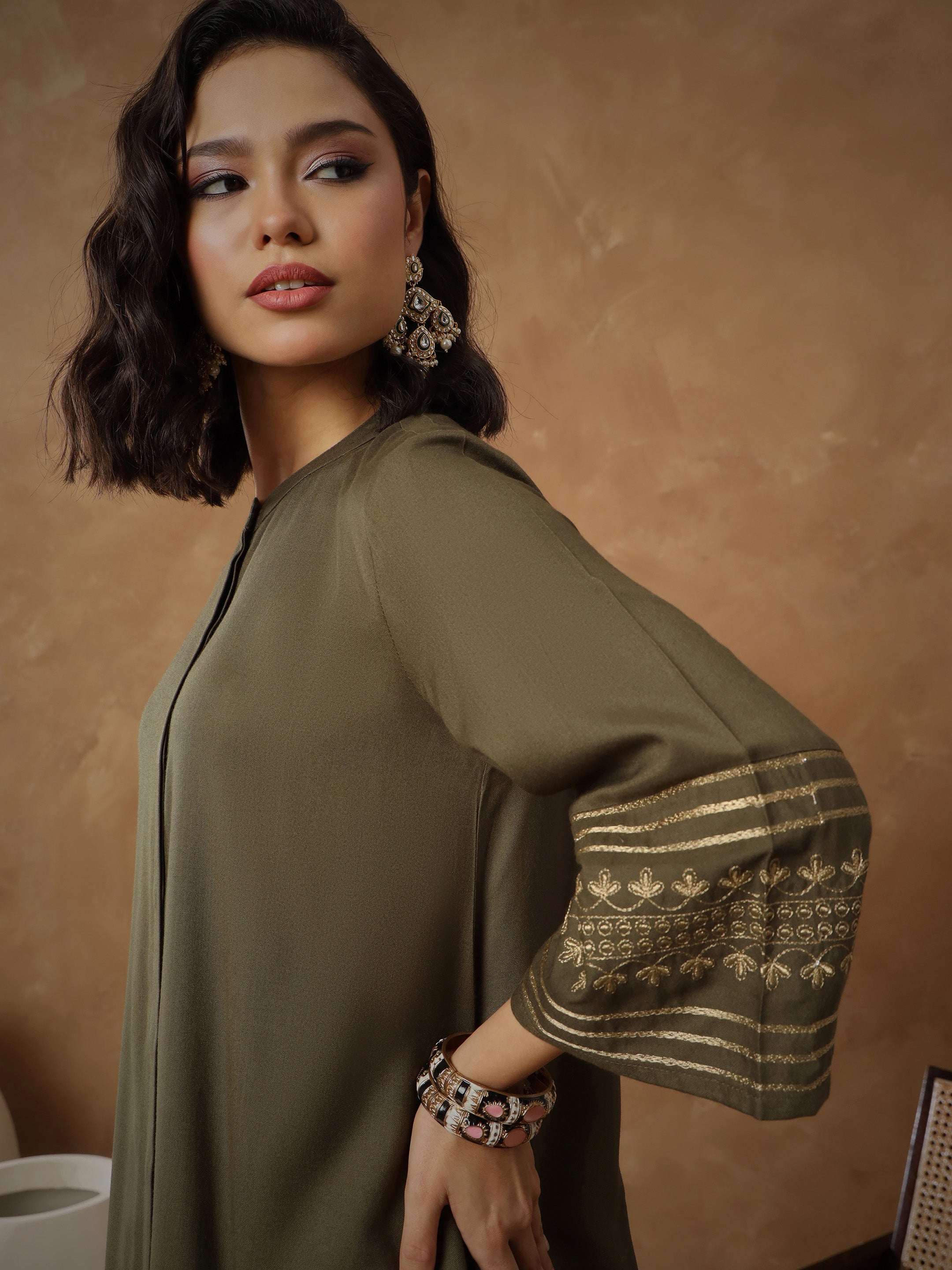 Women Olive Zari Embroidered Sleeves Top With Pants