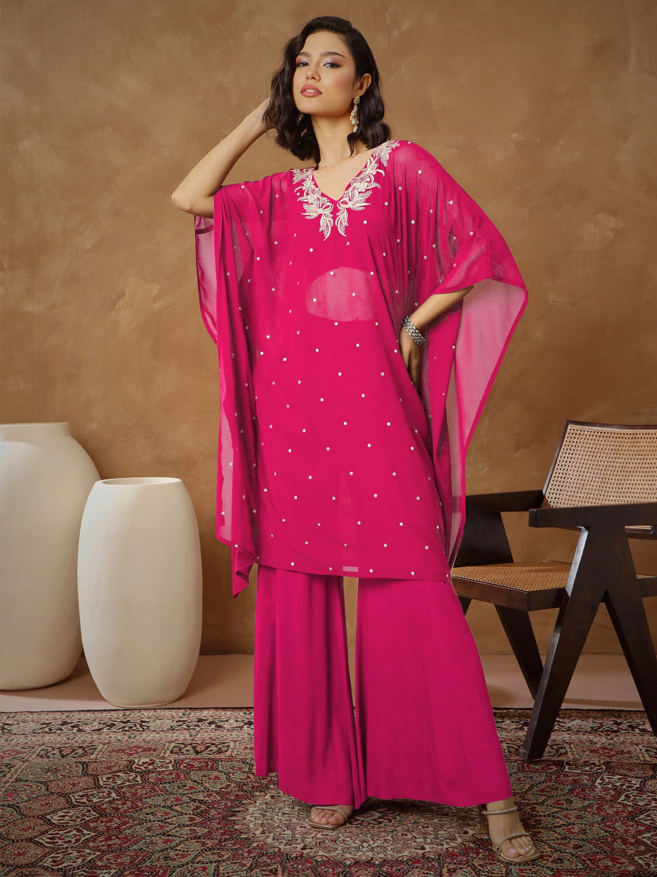 Women Fuchsia Embroidered Kaftan With Cami & Flared Pants
