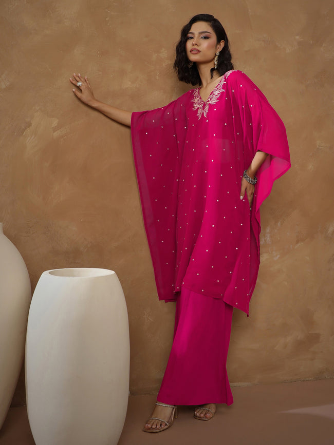 Women Fuchsia Embroidered Kaftan With Cami & Flared Pants