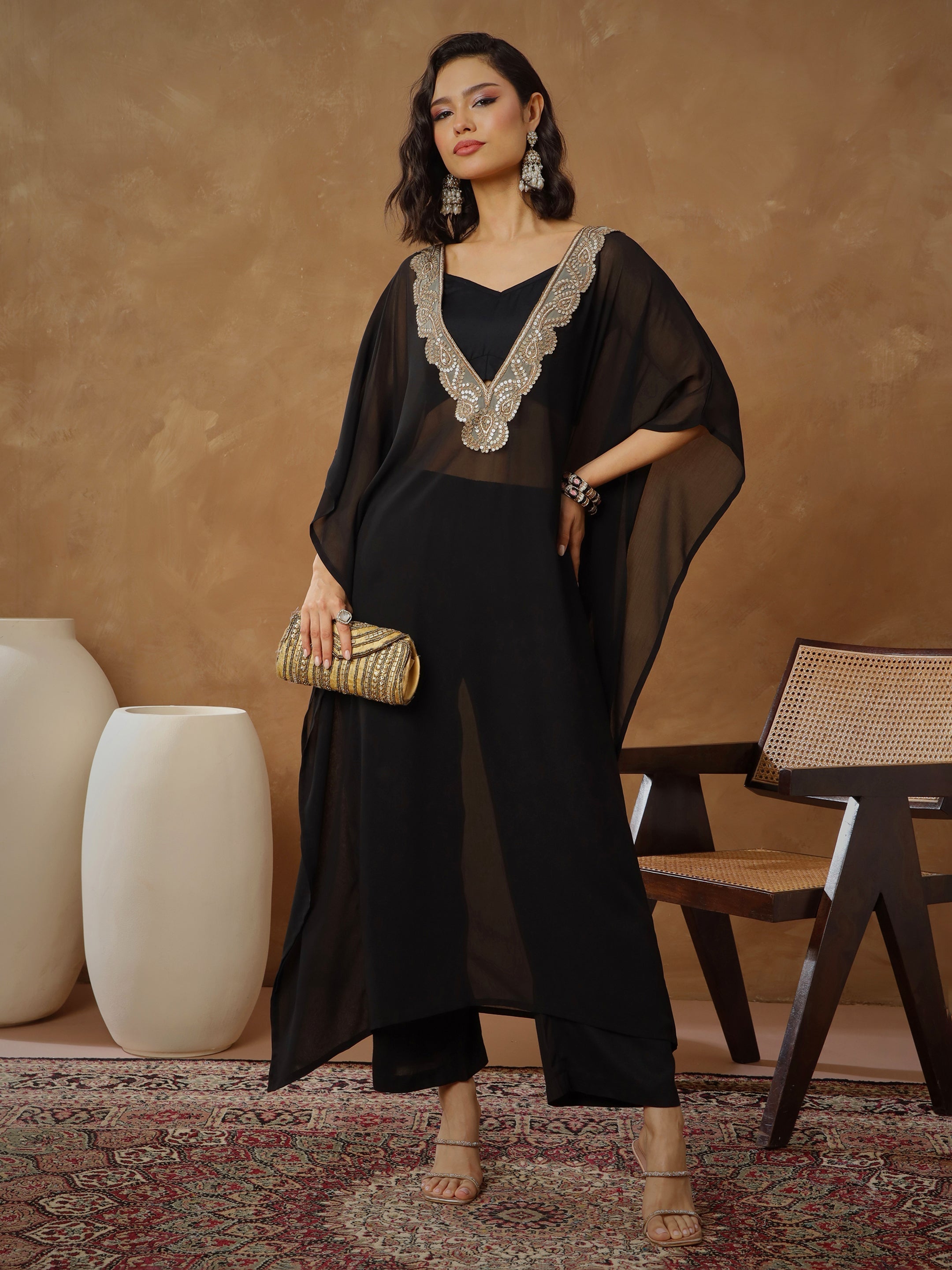 Women Black Embroidered Kaftan With Cami & Straight Pants