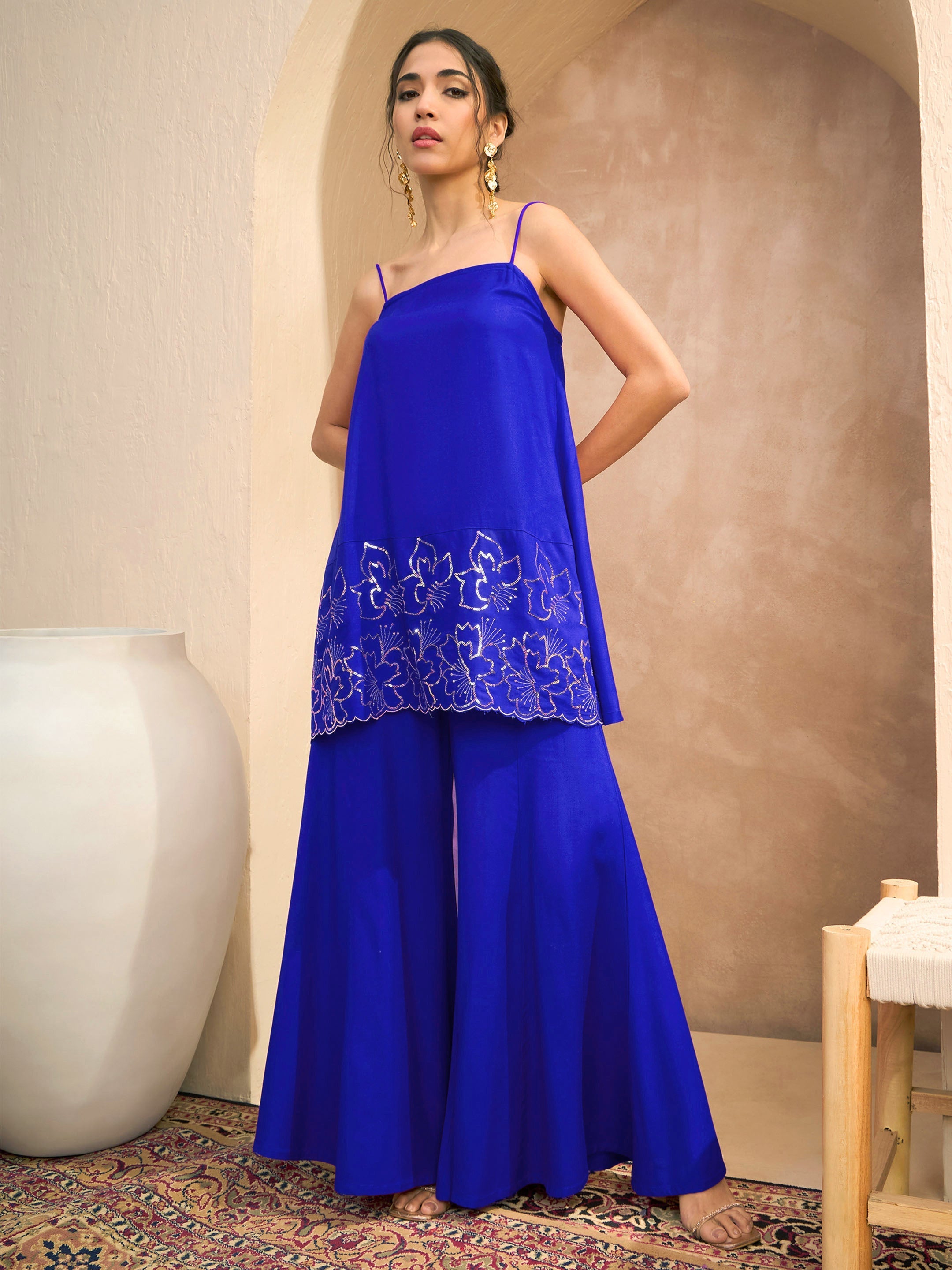 Women Navy Embroidered Strappy Kurta With Palazzos