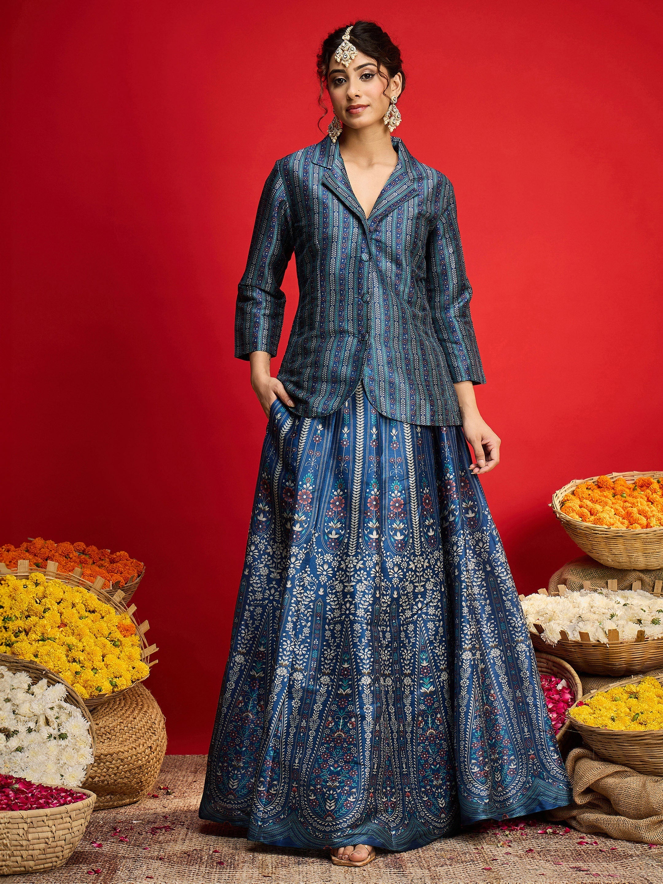 Women Blue Multi Floral Blazer Top With Anarkali Skirt