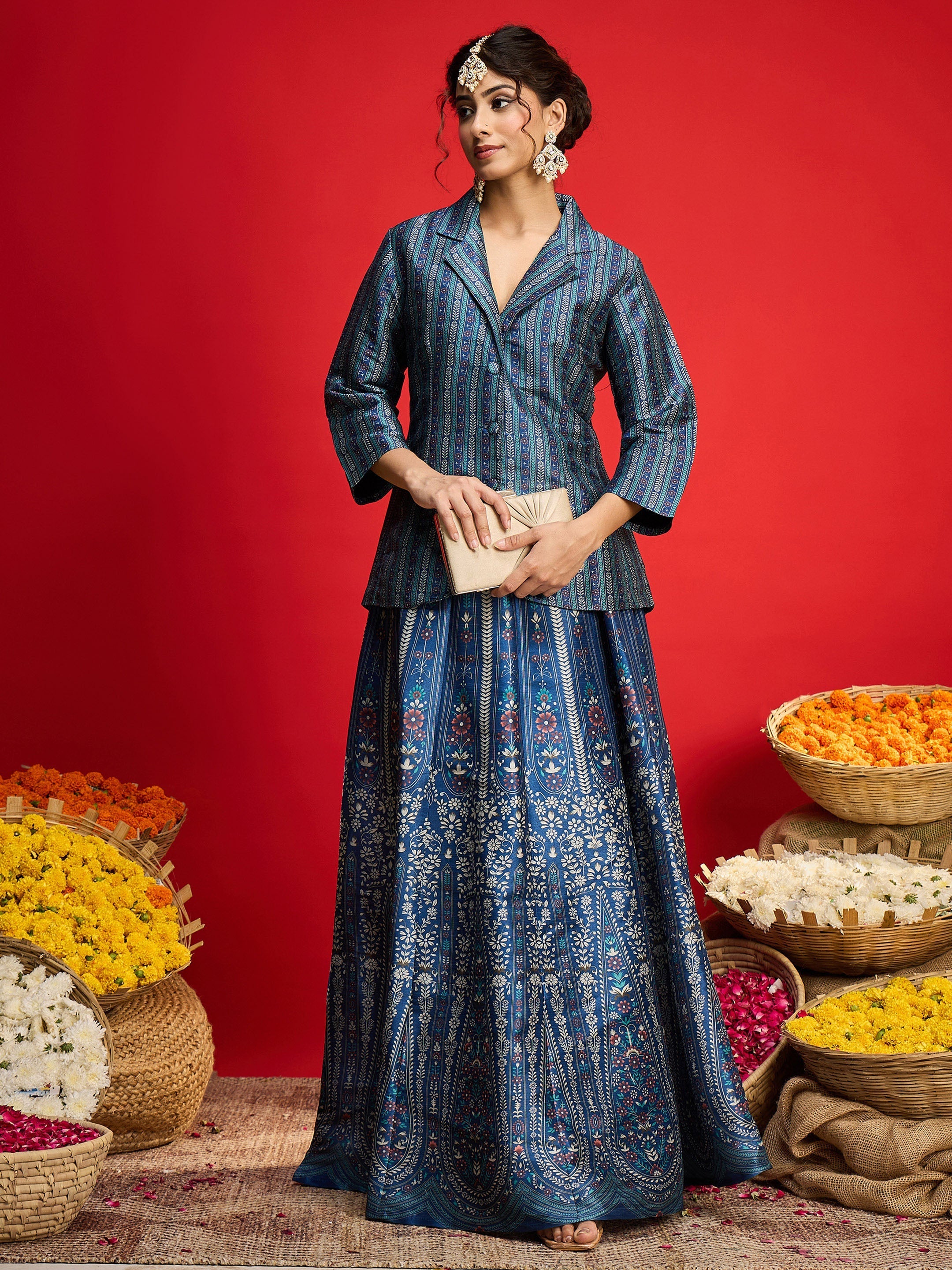 Women Blue Multi Floral Blazer Top With Anarkali Skirt