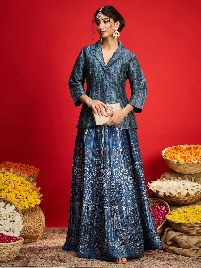 Women Blue Multi Floral Blazer Top With Anarkali Skirt