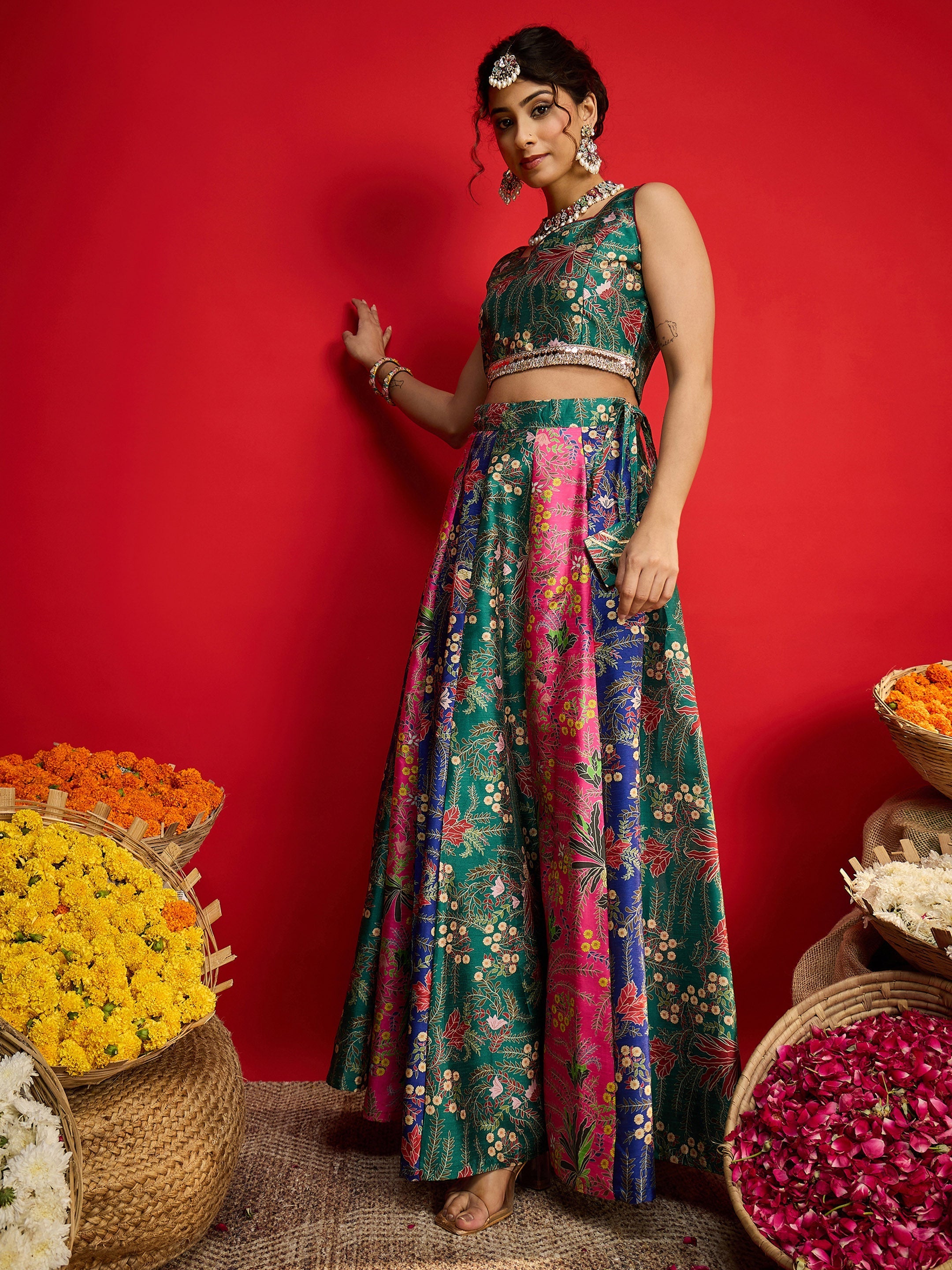 Women Green Multi Floral Anarkali Skirt With Crop Top