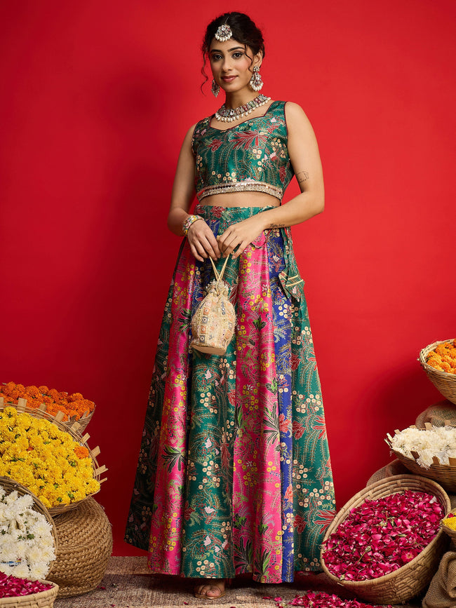 Women Green Multi Floral Anarkali Skirt With Crop Top