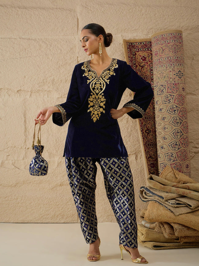 Women Navy Velvet Embroidered Short Kurta With Farshi Salwar