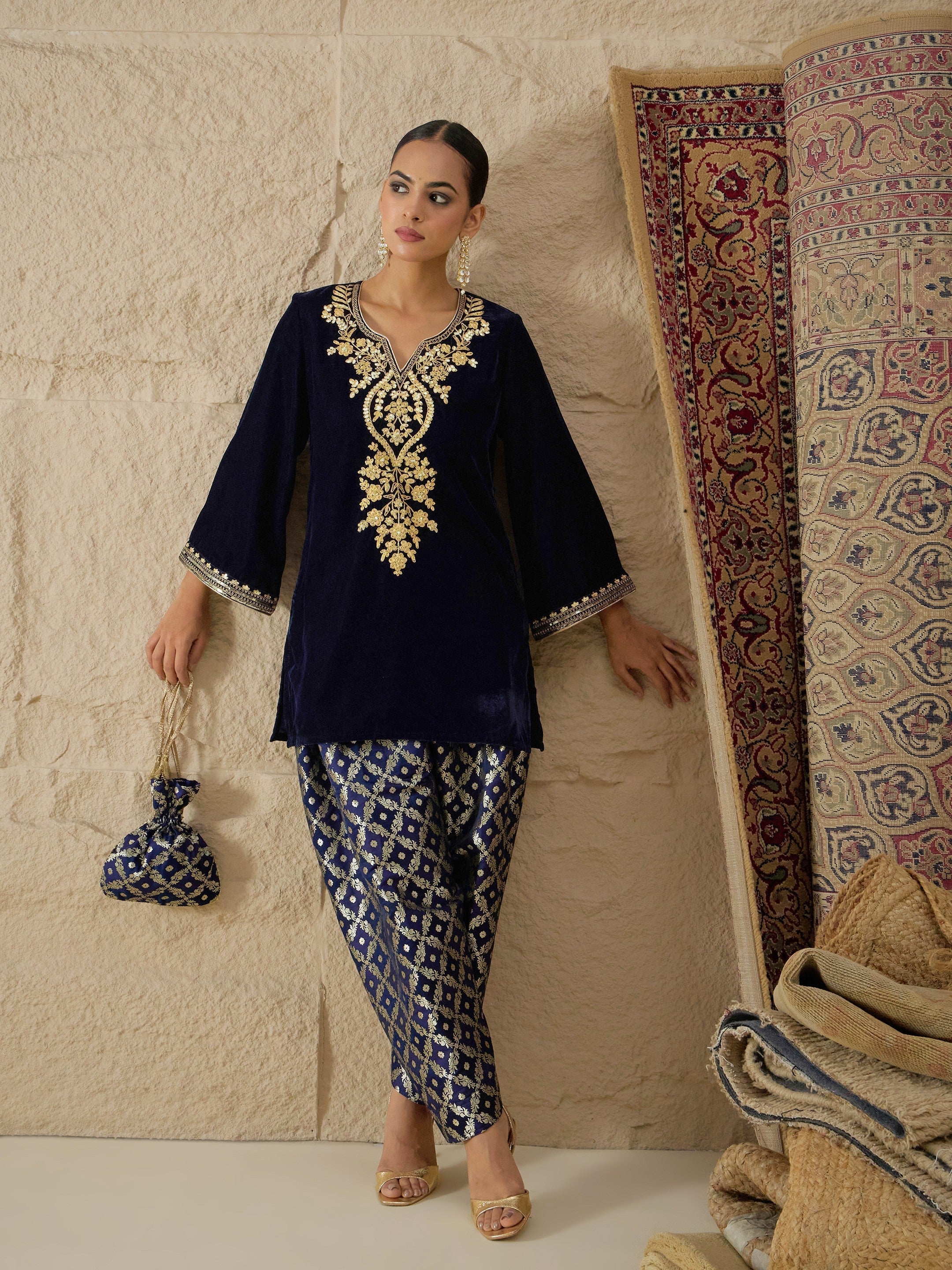 Women Navy Velvet Embroidered Short Kurta With Farshi Salwar