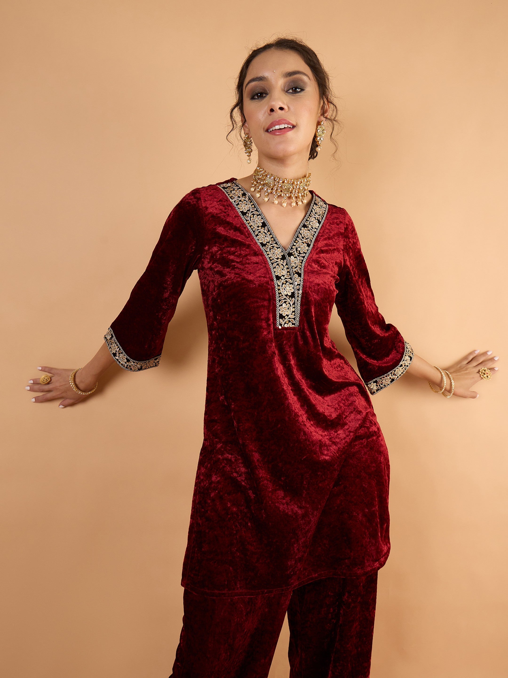 Women Maroon Velvet Embroidered Short Kurta With Straight Pants