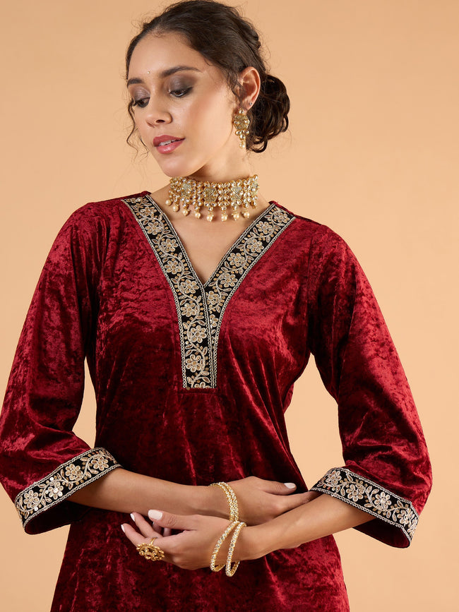 Women Maroon Velvet Embroidered Short Kurta With Straight Pants