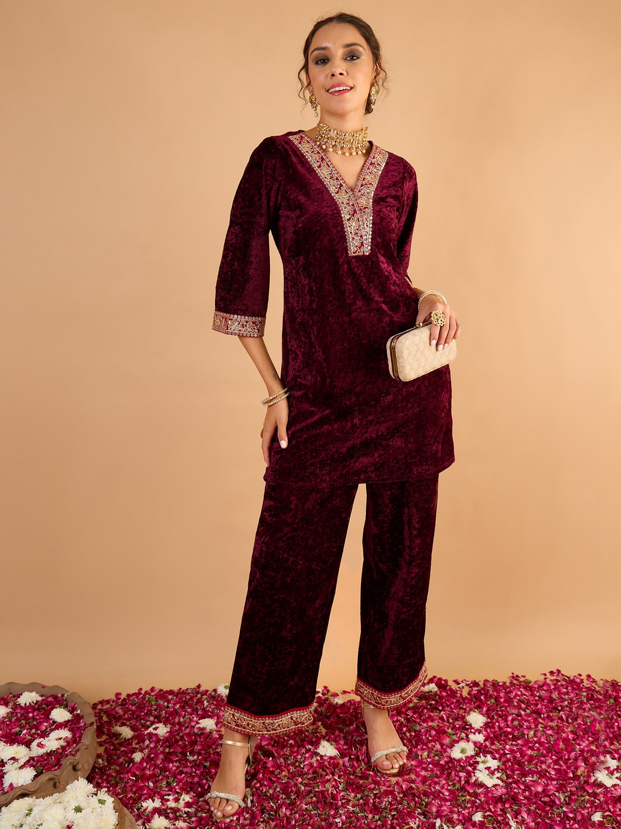 Women Purple Velvet Embroidered Short Kurta With Straight Pants
