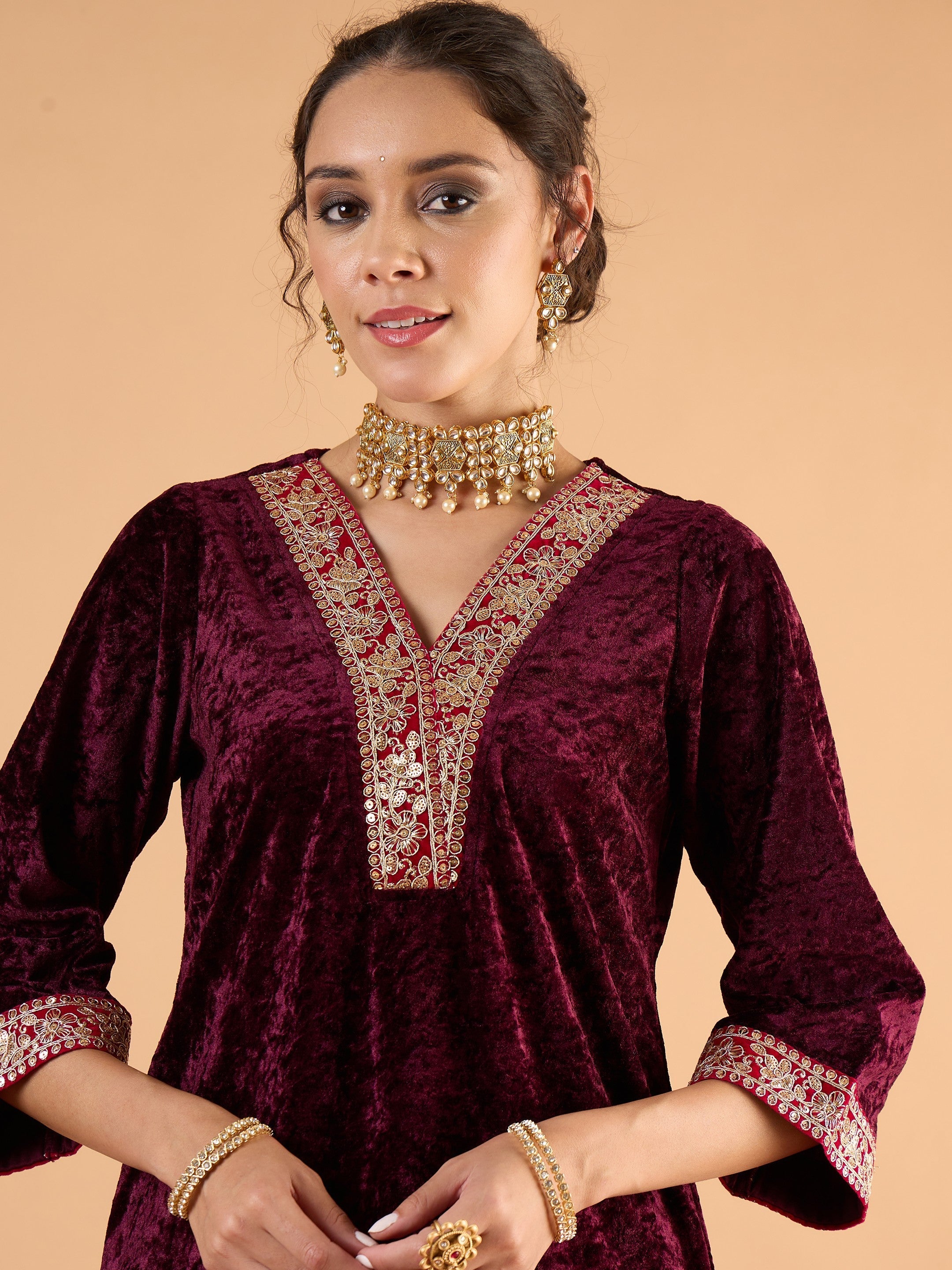 Women Purple Velvet Embroidered Short Kurta With Straight Pants