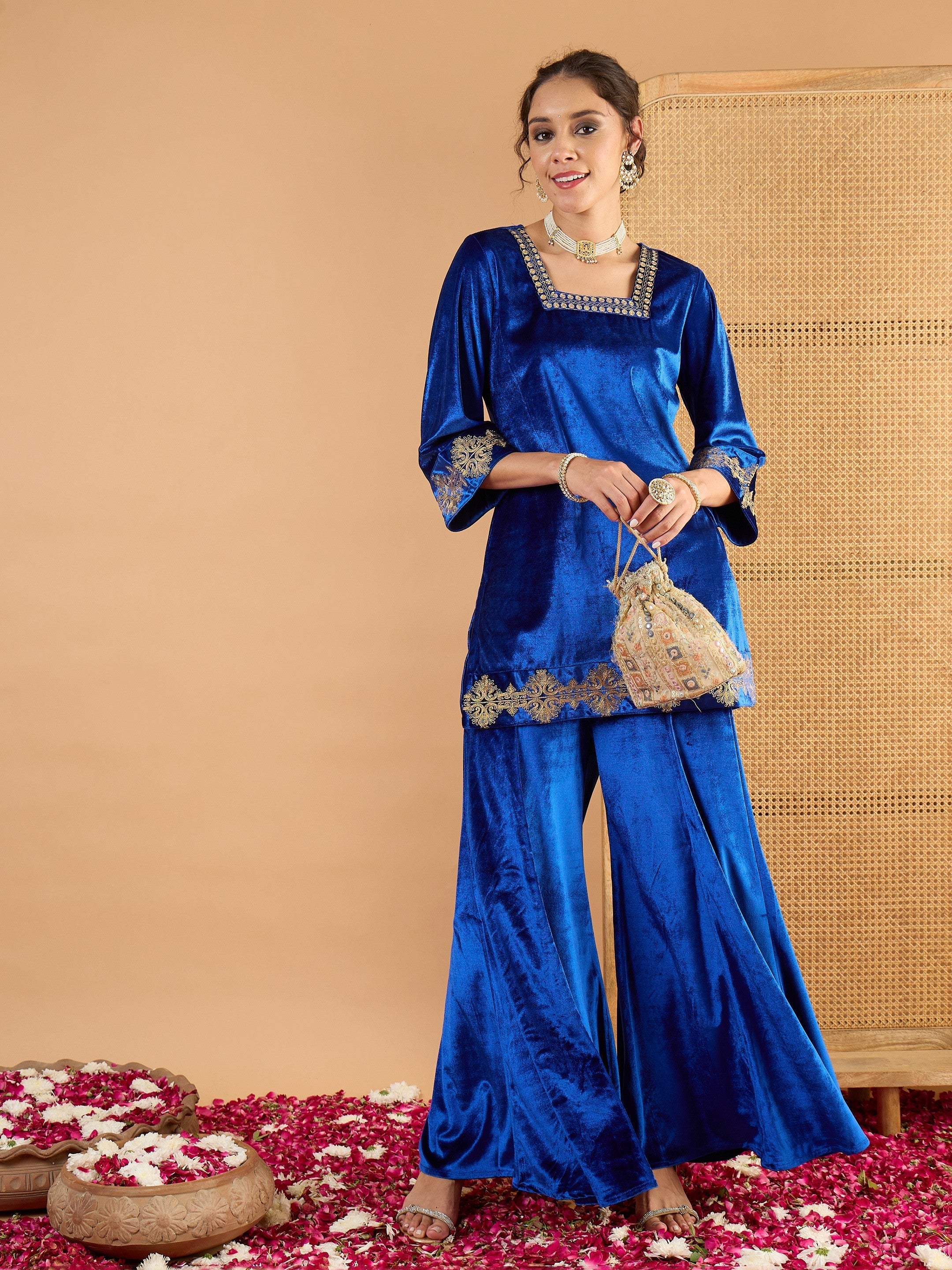 Women Blue Velvet Embroidered Glass Neck Short Kurta With Palazzos