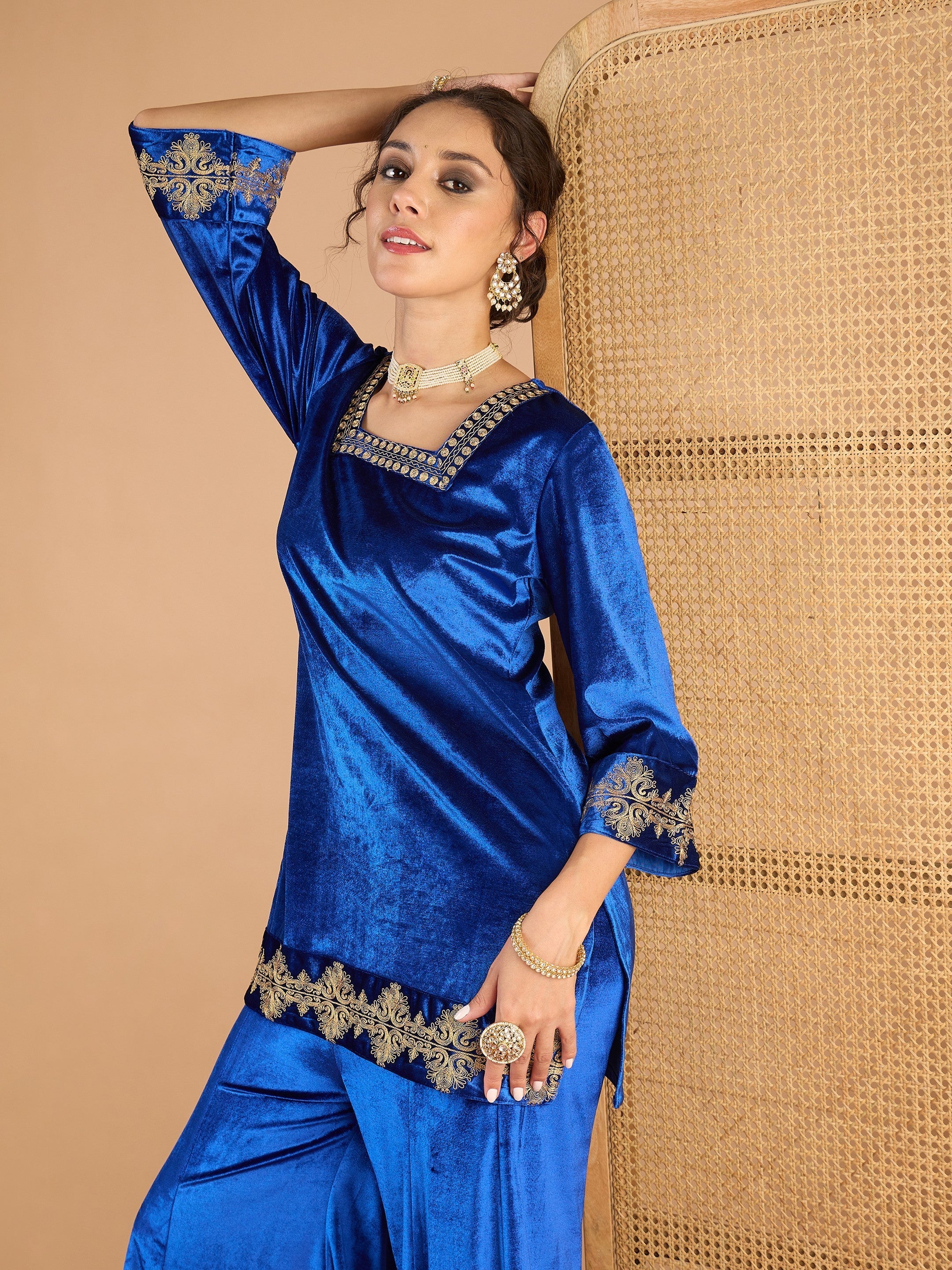 Women Blue Velvet Embroidered Glass Neck Short Kurta With Palazzos