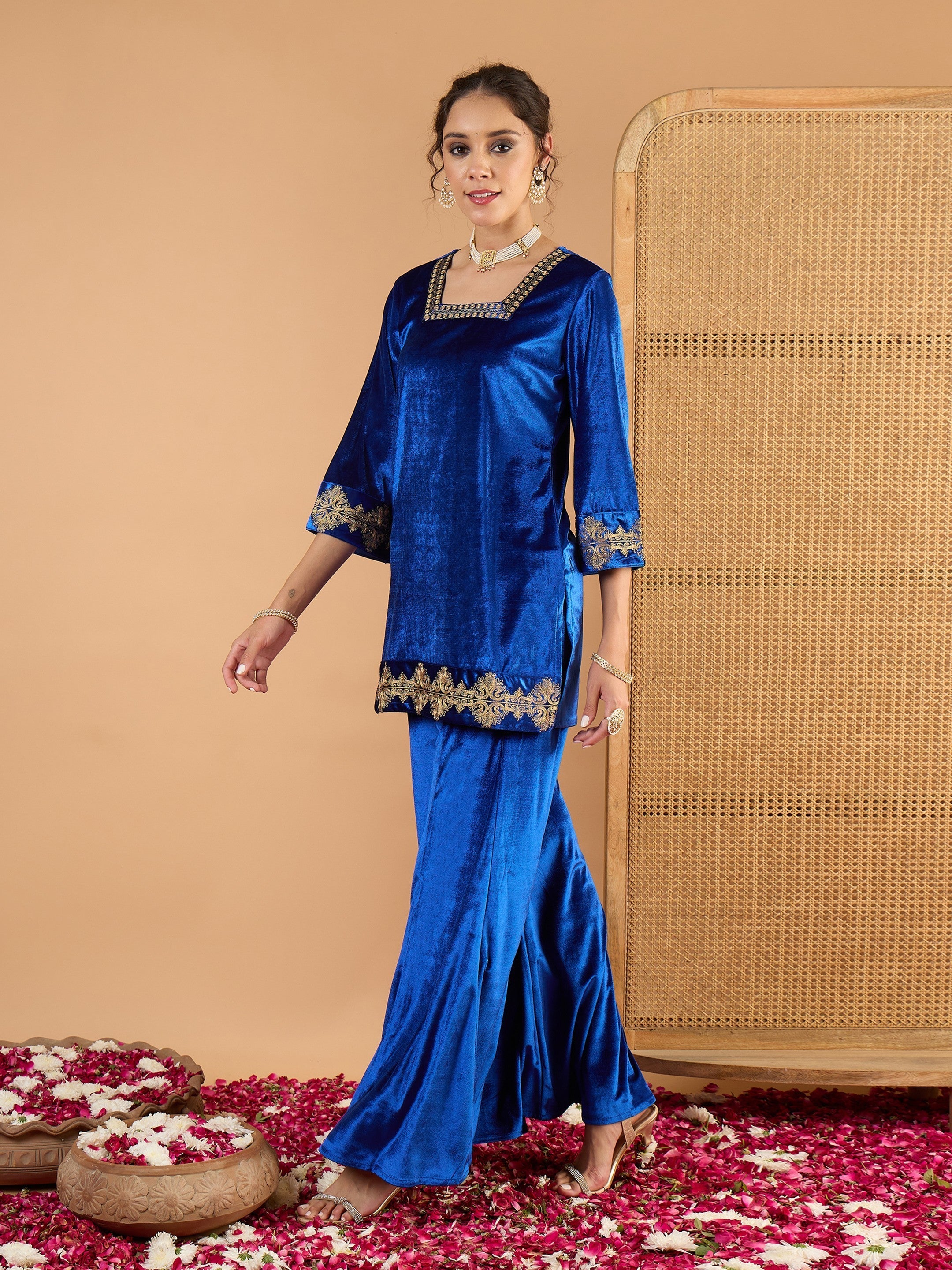 Women Blue Velvet Embroidered Glass Neck Short Kurta With Palazzos