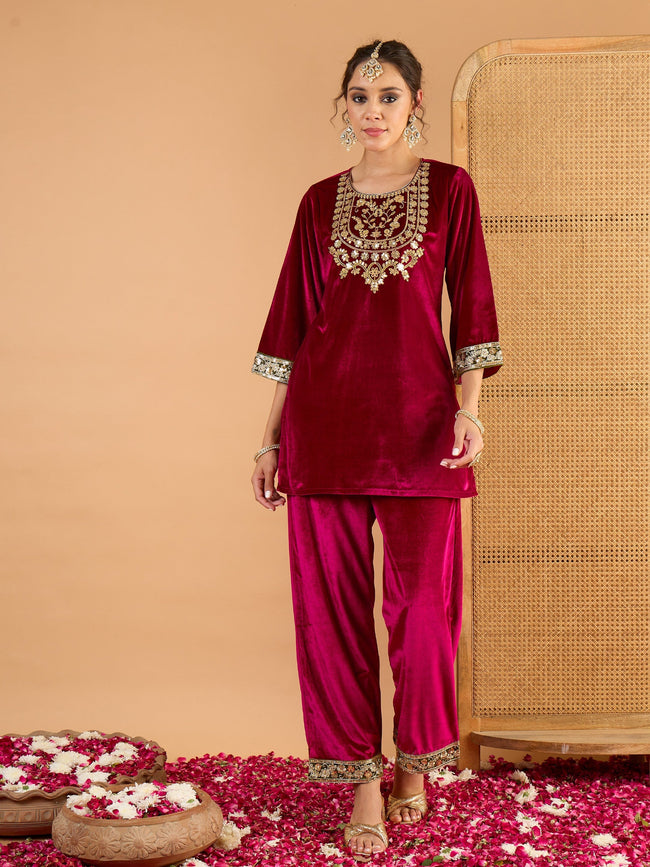 Women Magenta Velvet Embroidered Short Kurta With Straight Pants