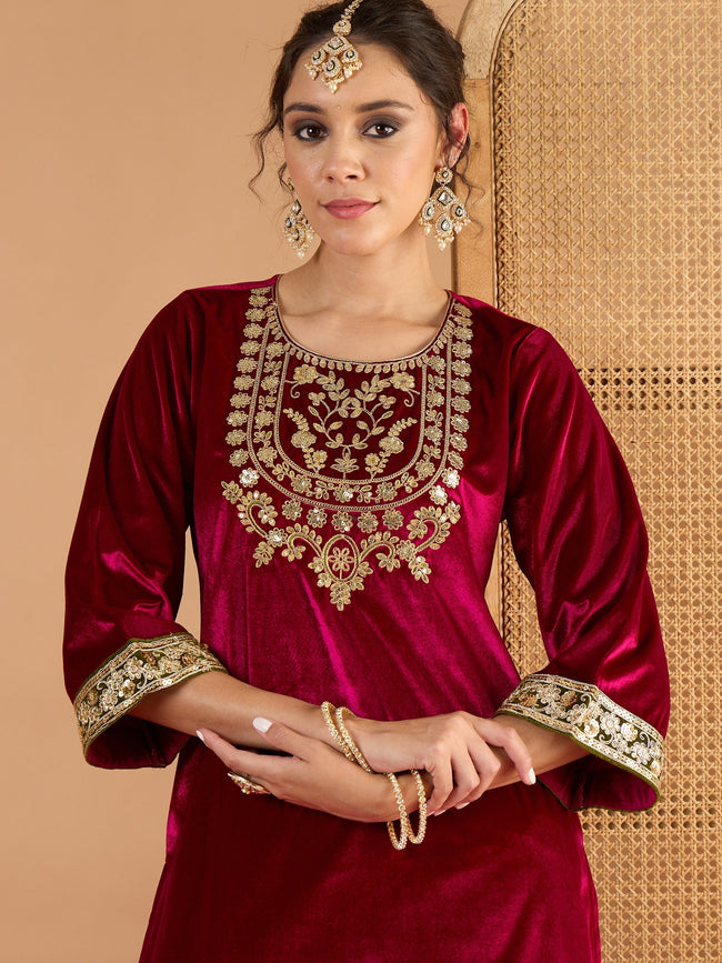 Women Magenta Velvet Embroidered Short Kurta With Straight Pants