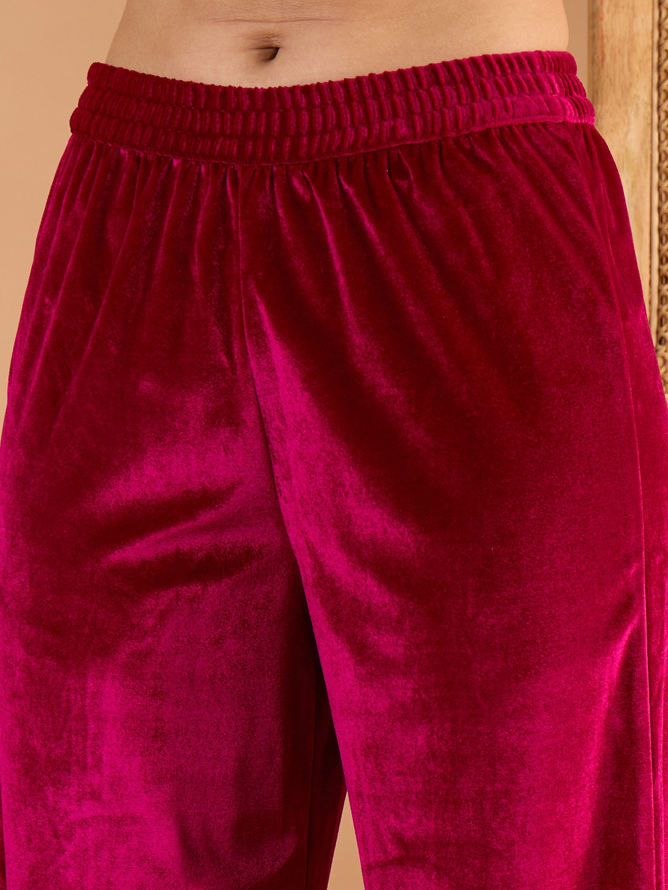 Women Magenta Velvet Embroidered Short Kurta With Straight Pants