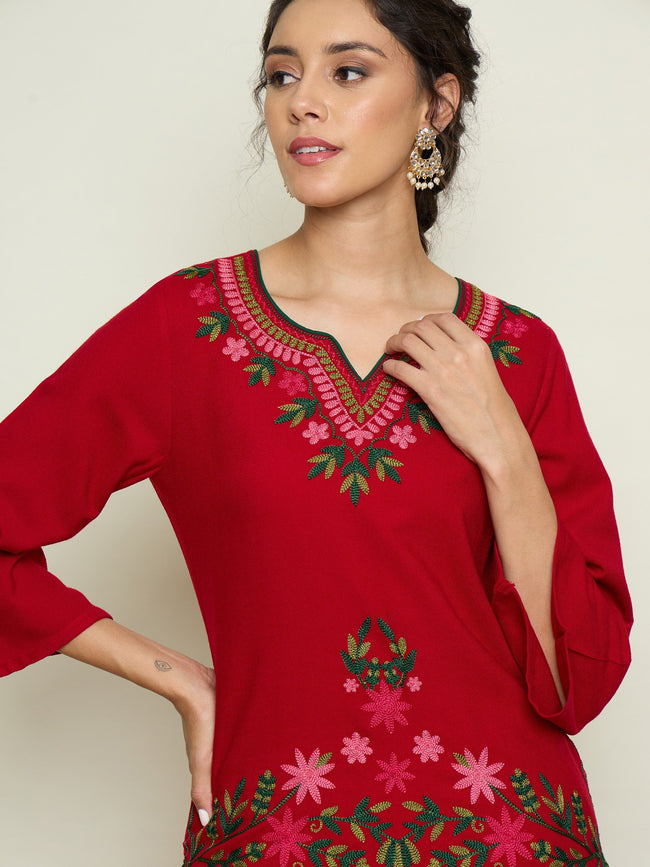 Women Red Woollen Embroidered Sweetheart Short Kurta With Farshi Salwar