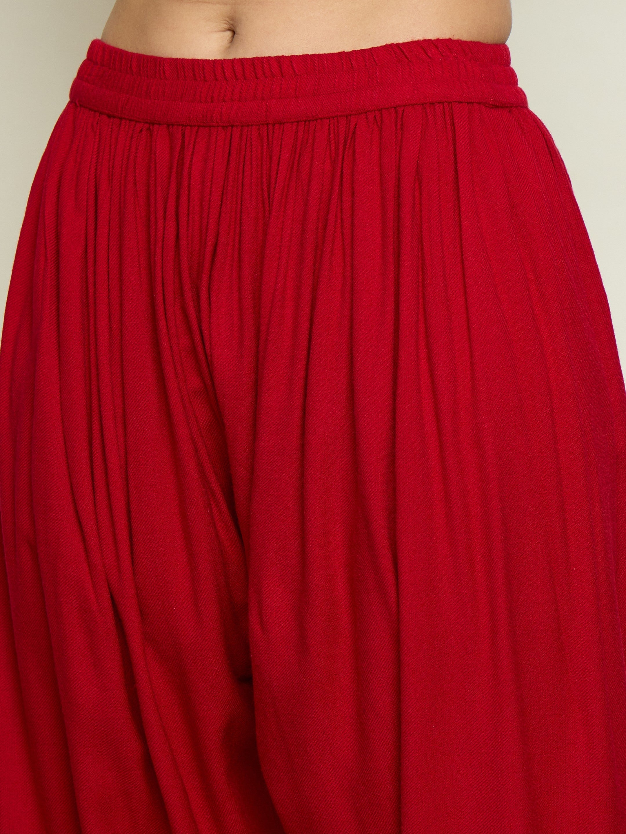 Women Red Woollen Embroidered Sweetheart Short Kurta With Farshi Salwar