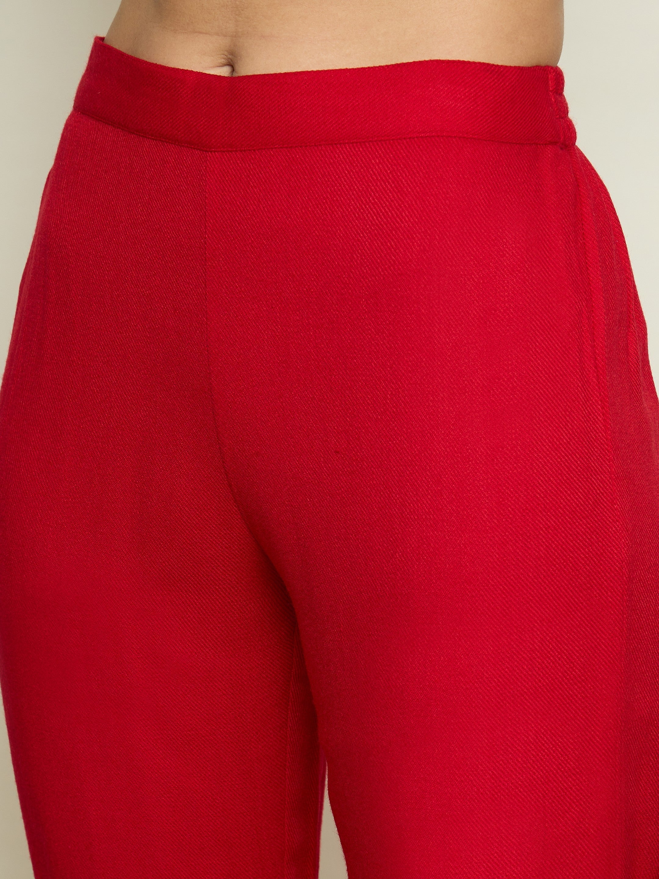 Women Red Woollen Embroidered Round Neck Short Kurta With Pencil Pants
