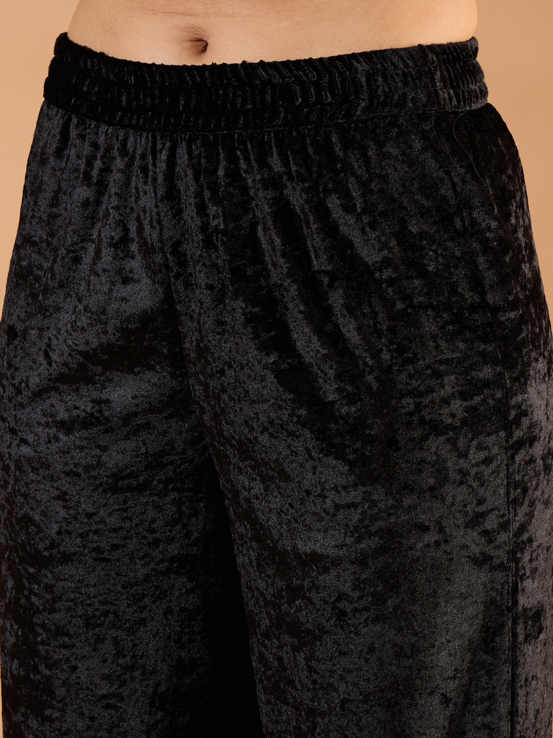 Women Black Velvet V Neck Embroidered Kurta With Straight Pants