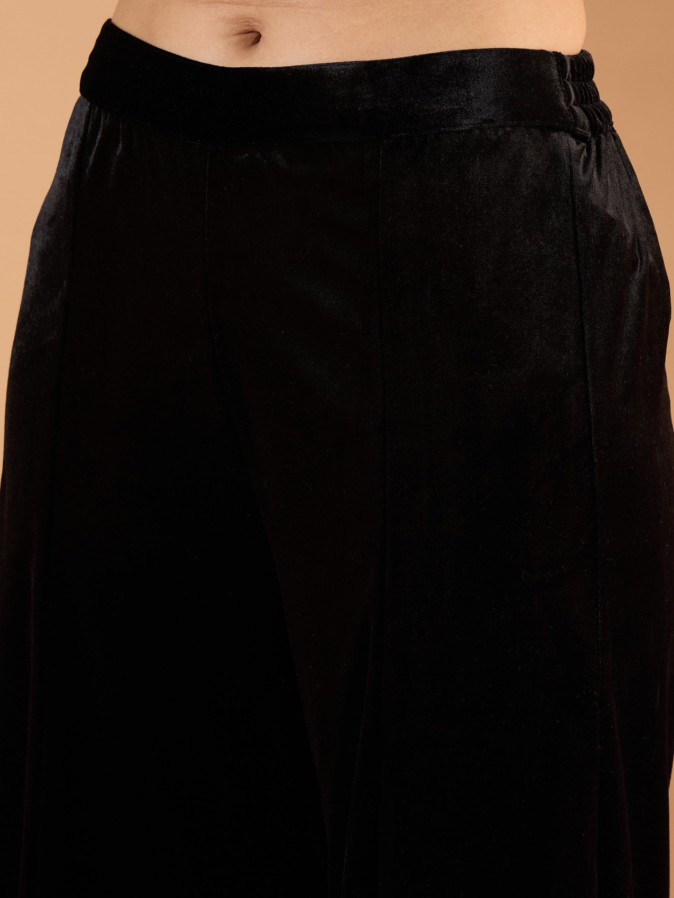 Women Black Velvet Embroidered V Neck Short Kurta With Palazzos