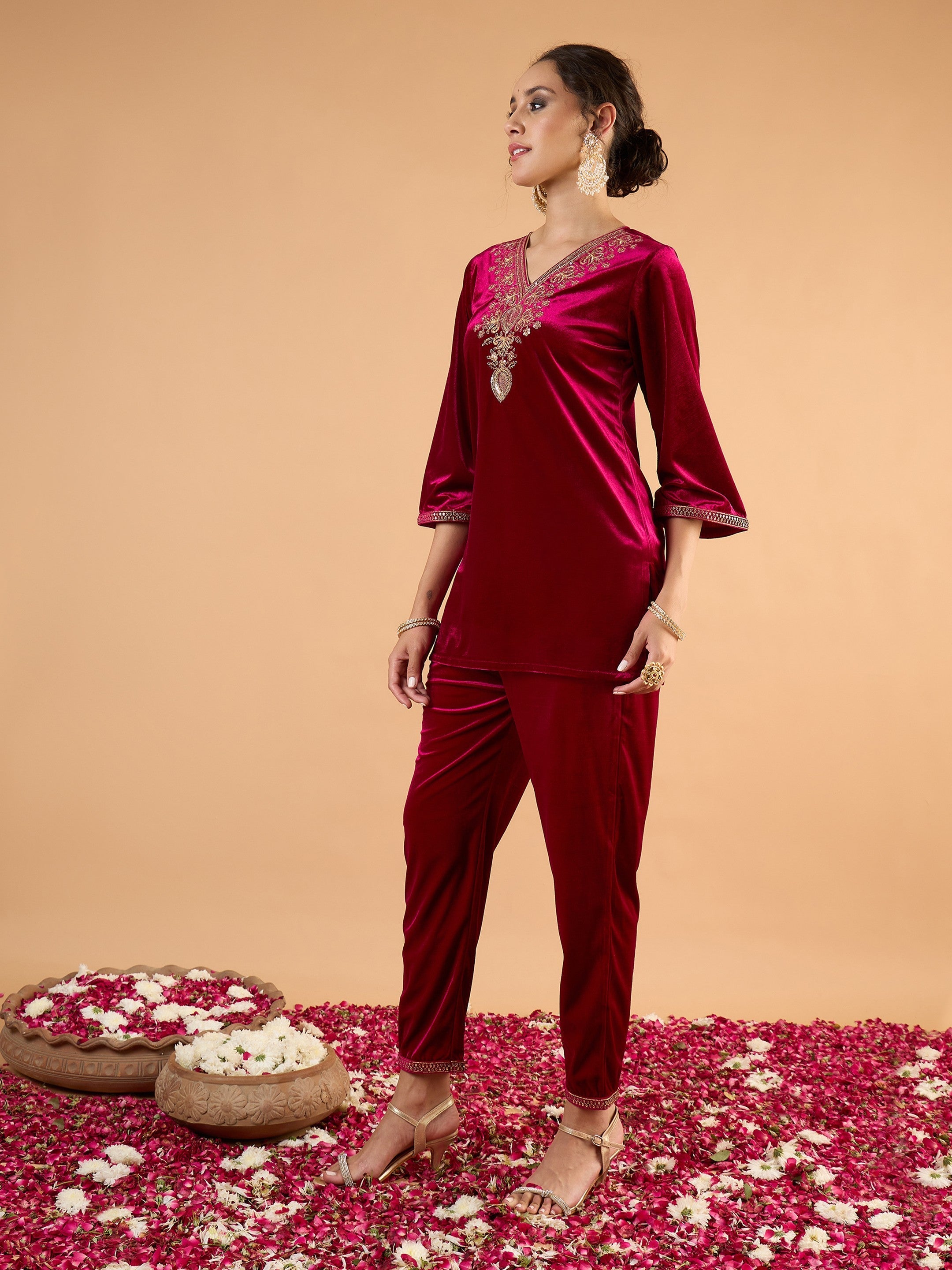 Women Magenta Velvet Embroidered Short Kurta With Pencil Pants
