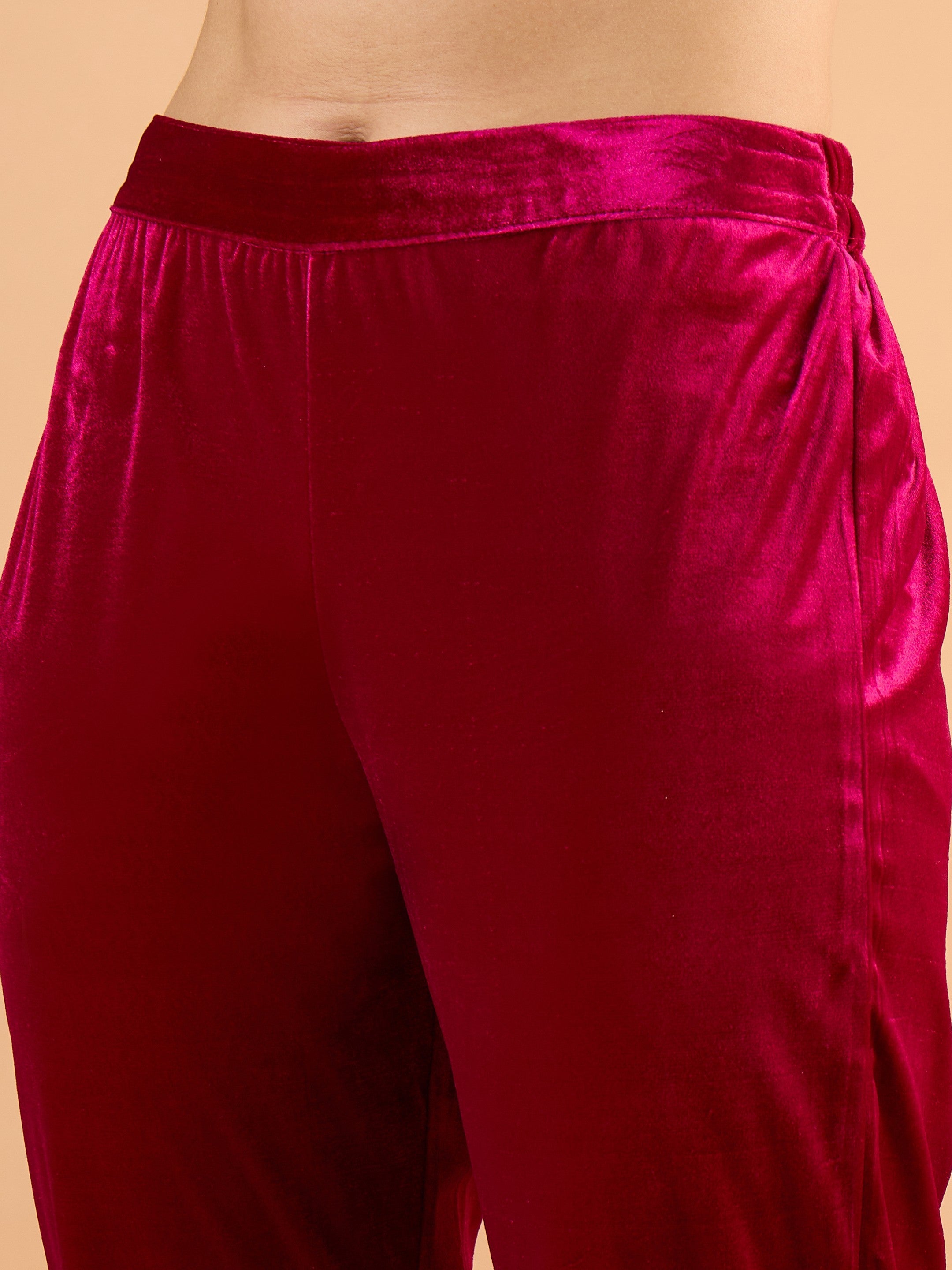 Women Magenta Velvet Embroidered Short Kurta With Pencil Pants