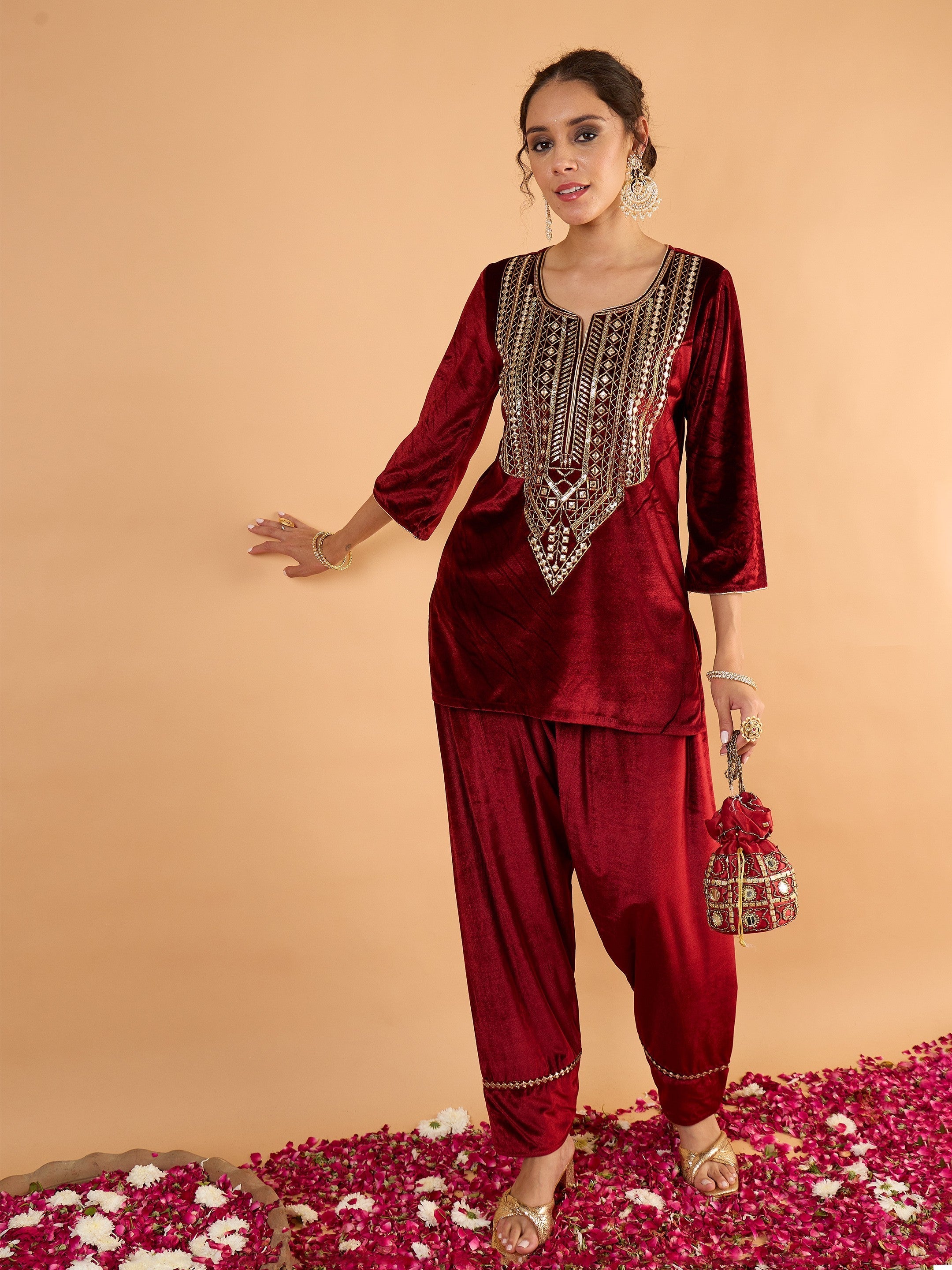 Women Maroon Velvet Embroidered Short Kurta With Farshi Salwar