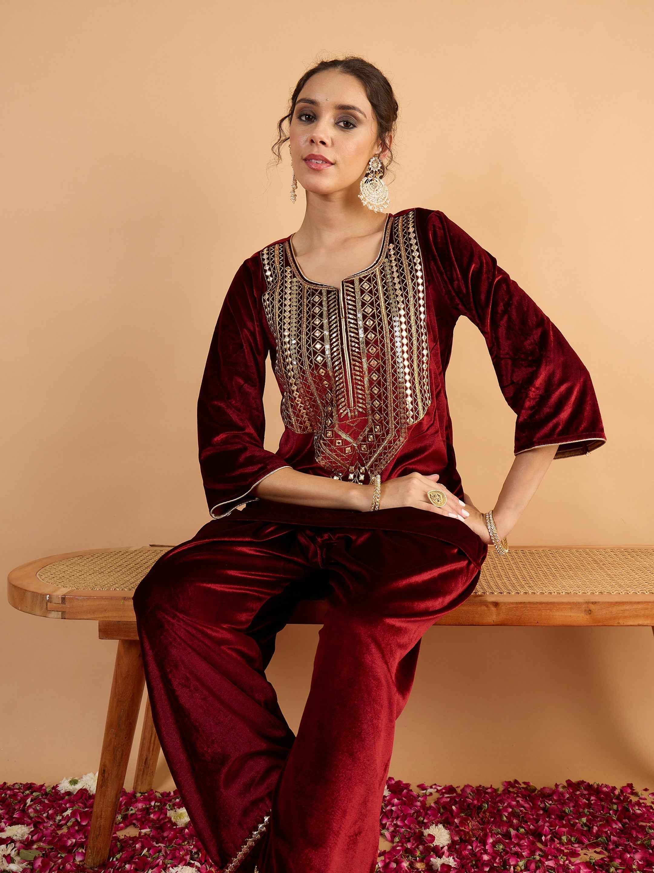 Women Maroon Velvet Embroidered Short Kurta With Farshi Salwar