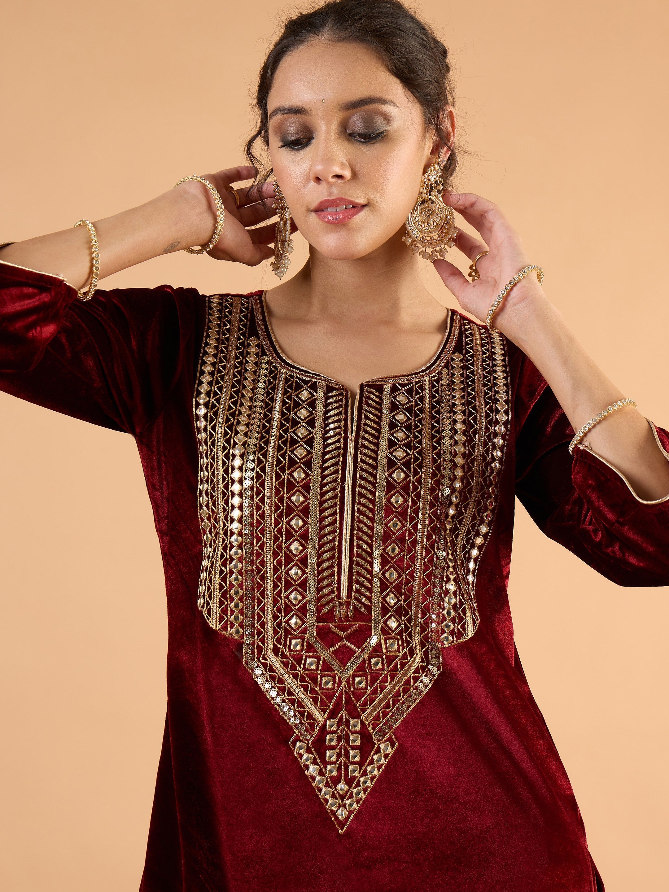 Women Maroon Velvet Embroidered Short Kurta With Farshi Salwar