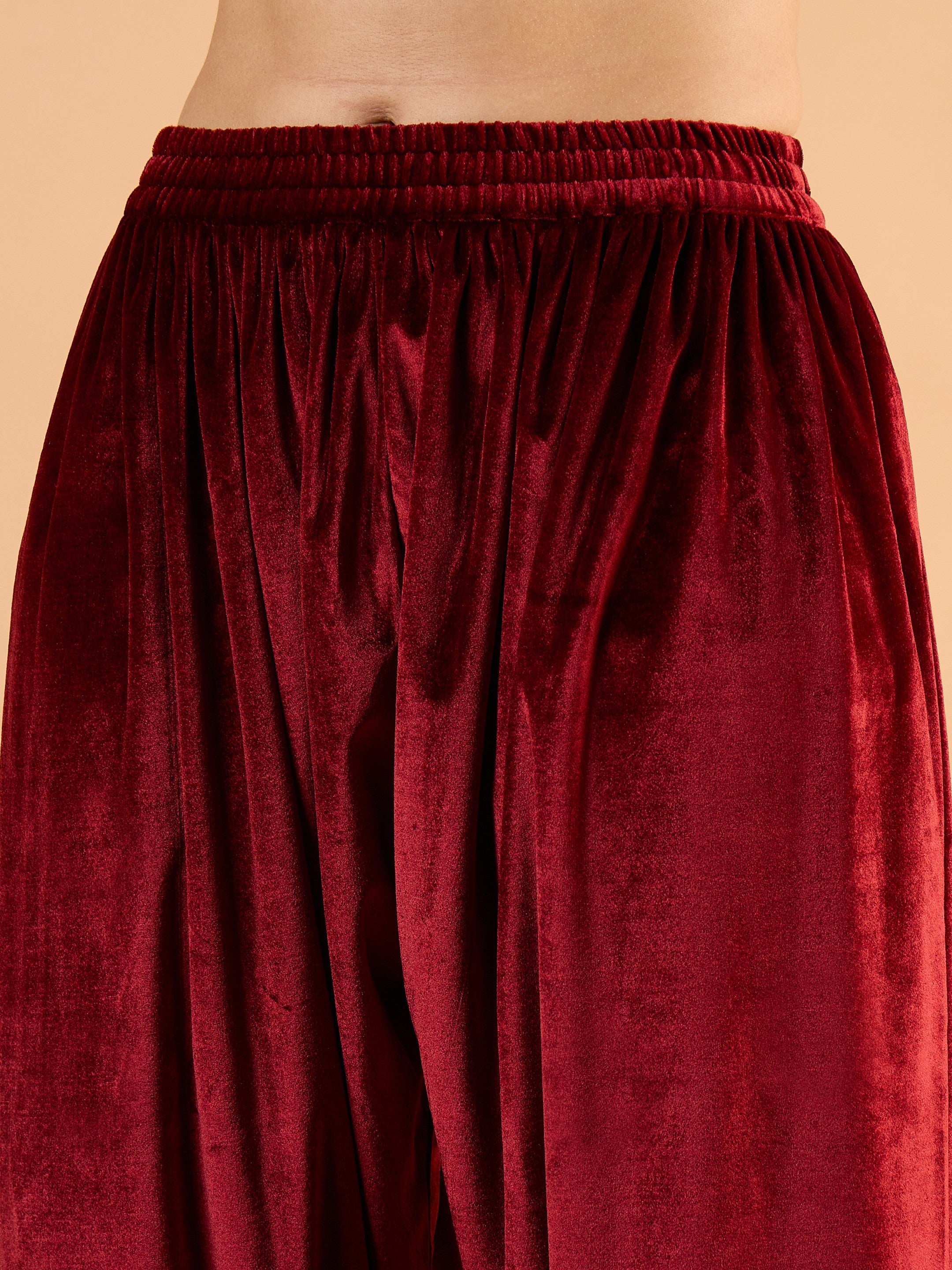 Women Maroon Velvet Embroidered Short Kurta With Farshi Salwar