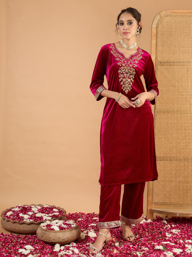 Women Magenta Velvet Embroidered Kurta With Straight Pants