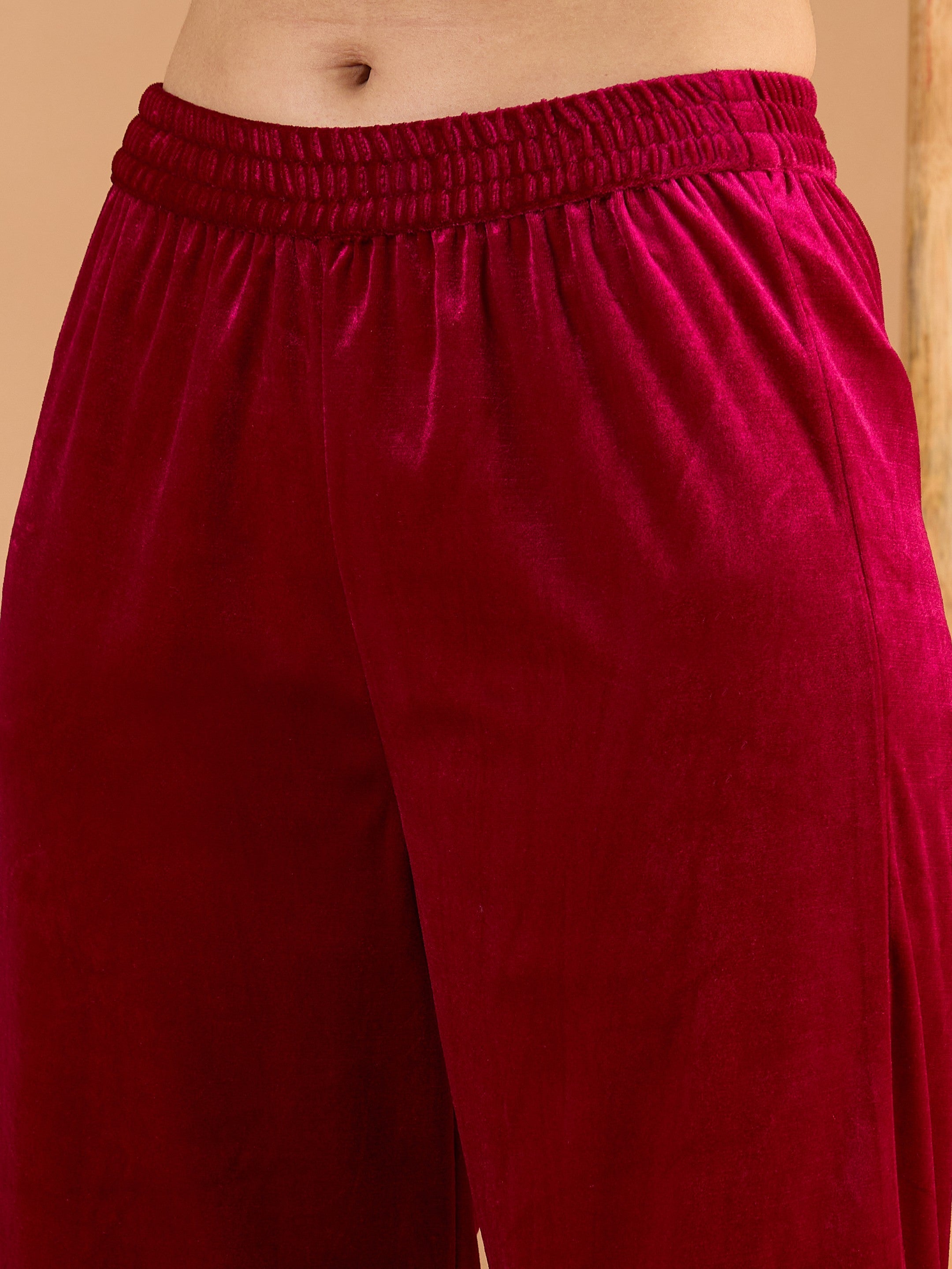 Women Magenta Velvet Embroidered Kurta With Straight Pants