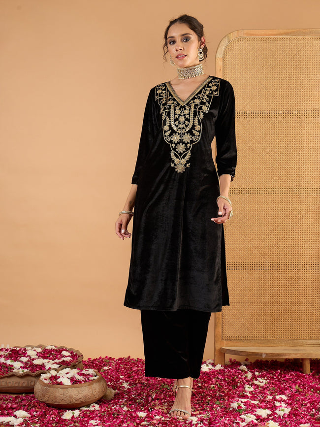 Women Black Velvet Embroidered Straight Kurta With Straight Pants