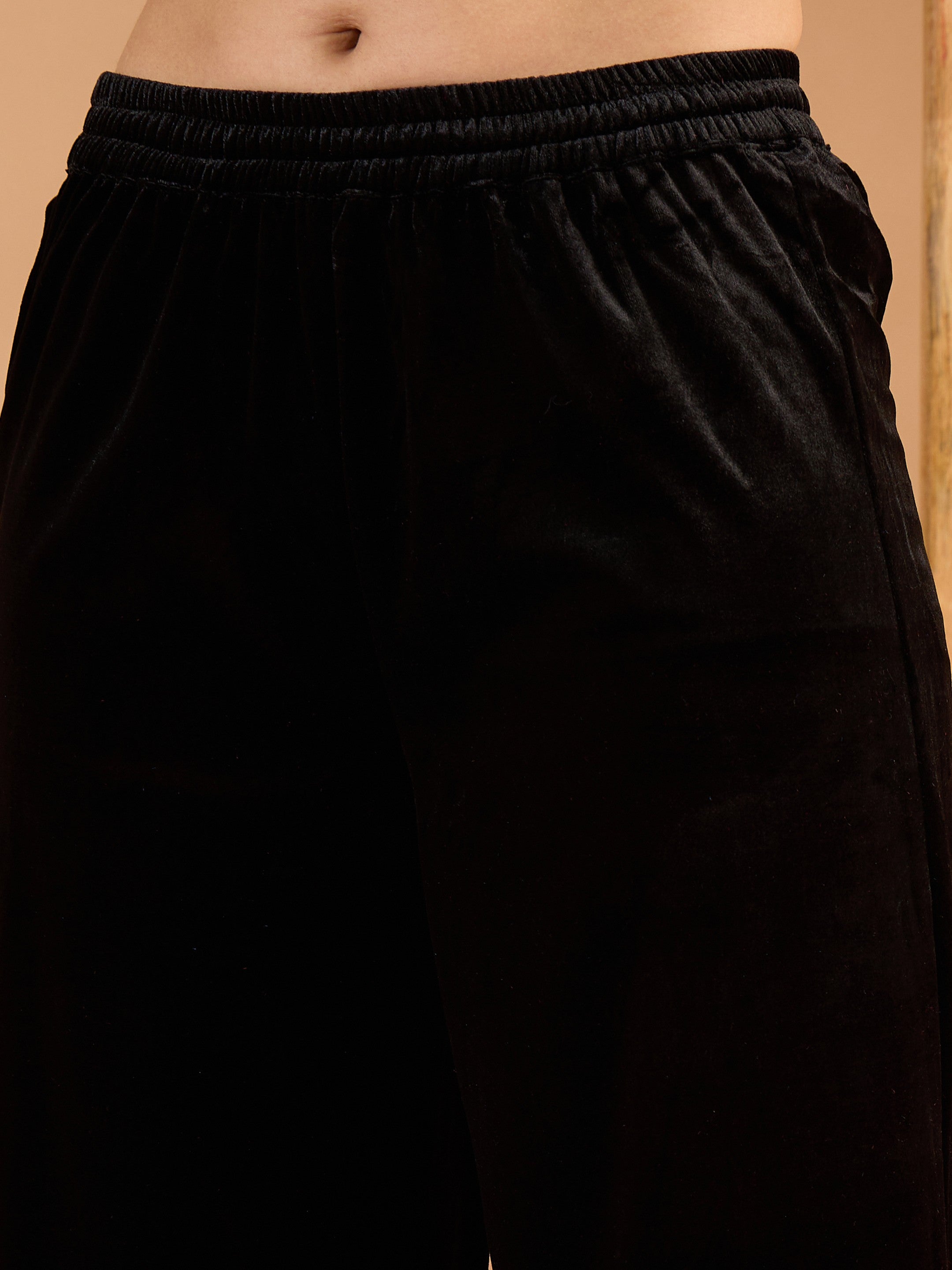 Women Black Velvet Embroidered Straight Kurta With Straight Pants