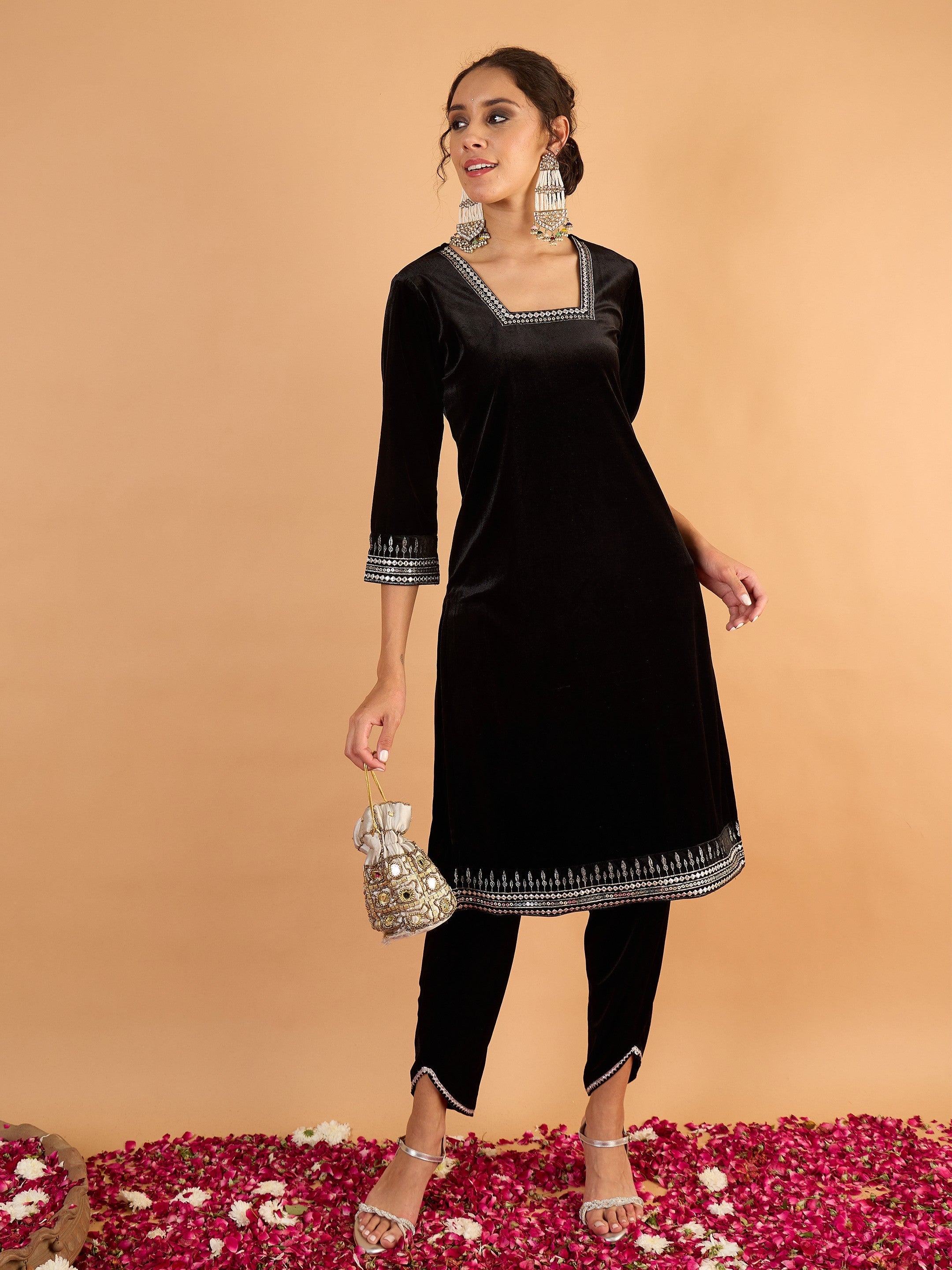 Women Black Velvet Embroidered Kurta With Tulip Pants