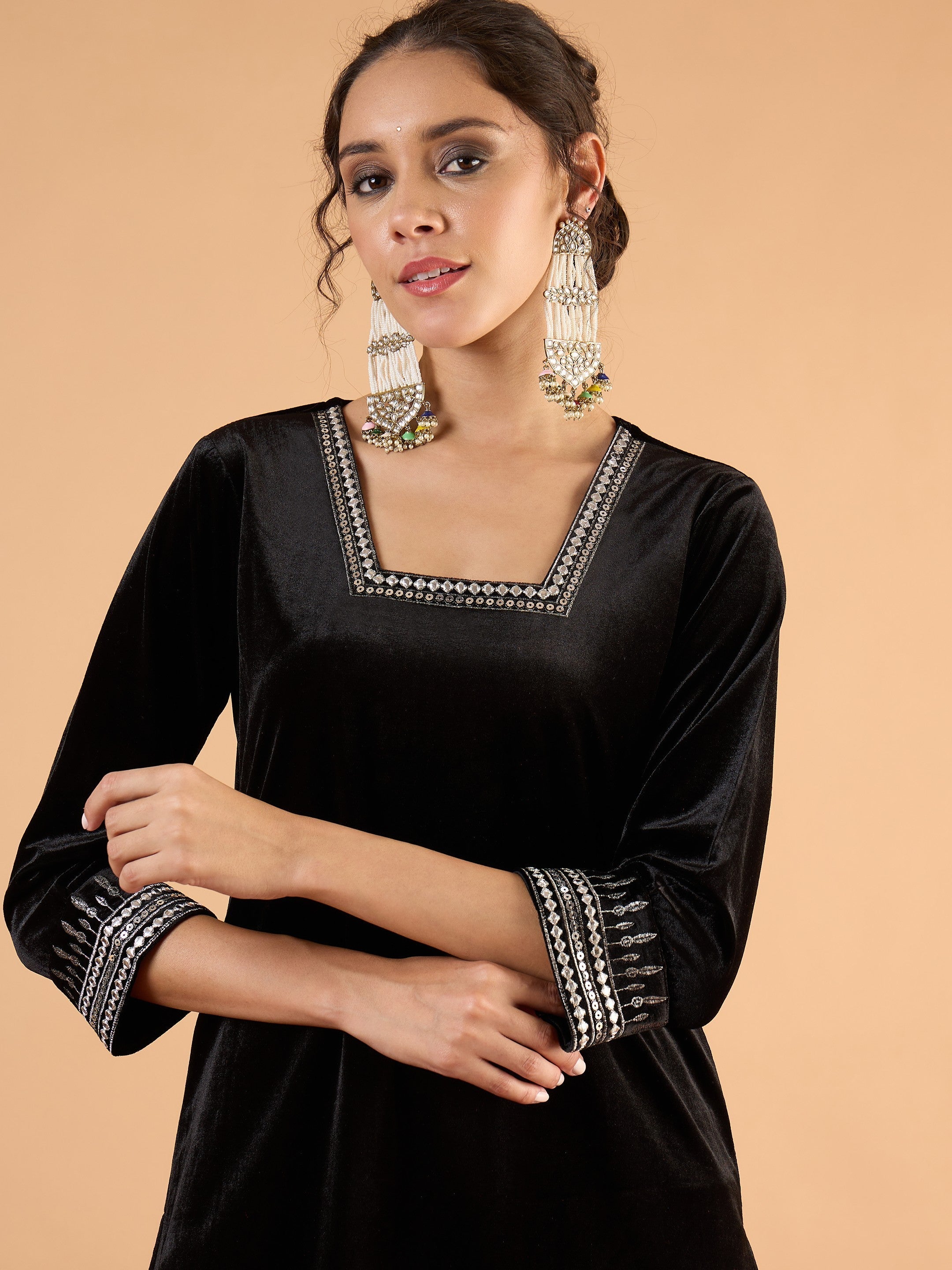 Women Black Velvet Embroidered Kurta With Tulip Pants