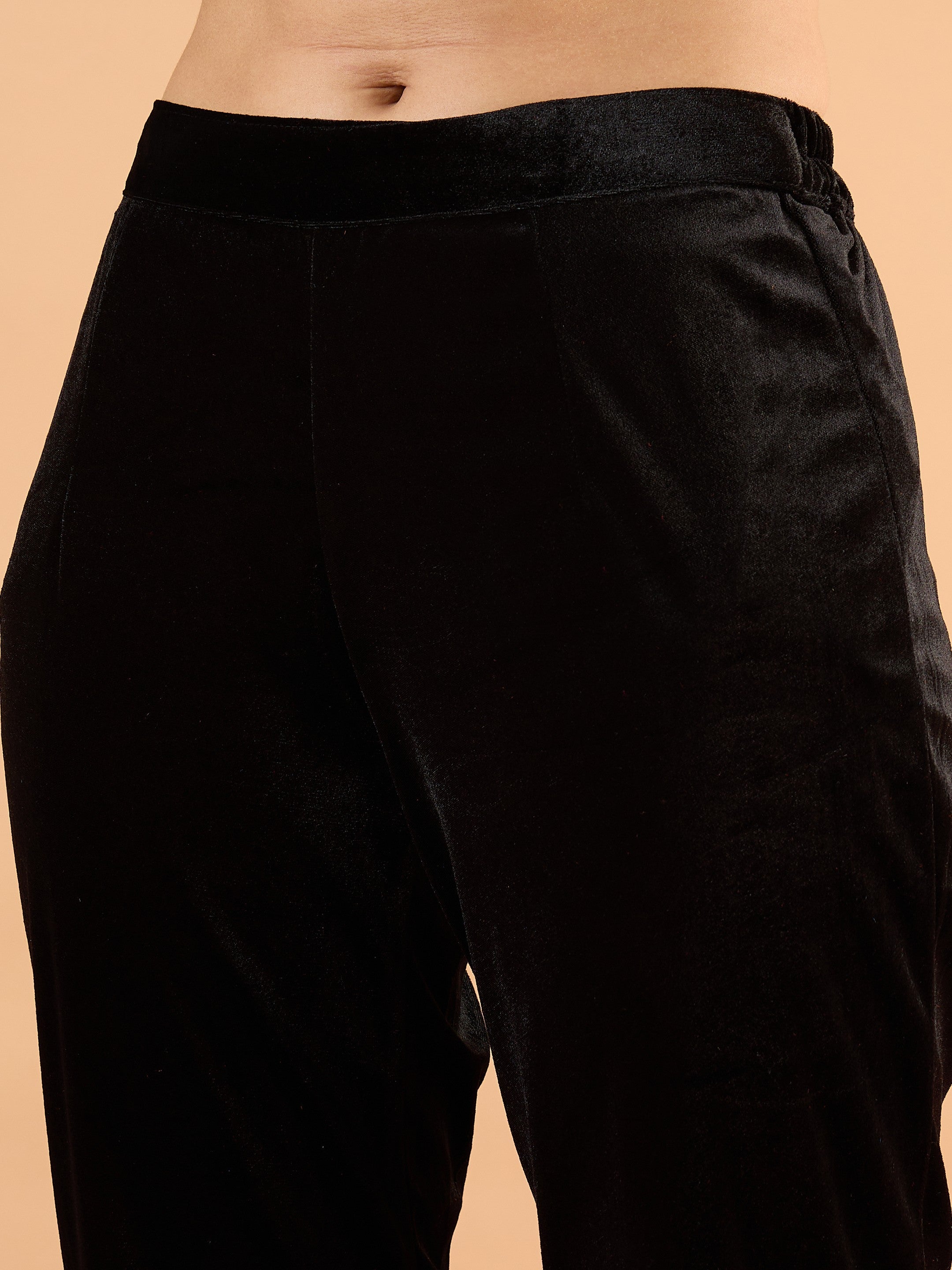 Women Black Velvet Embroidered Kurta With Tulip Pants