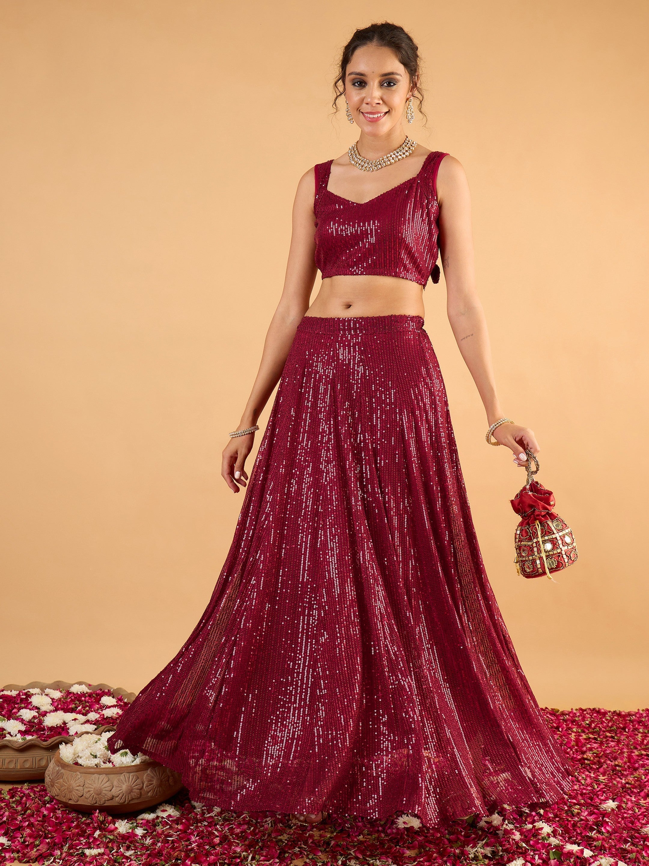 Women Maroon Sequence Sleeveless Crop Top With Anarkali Skirt