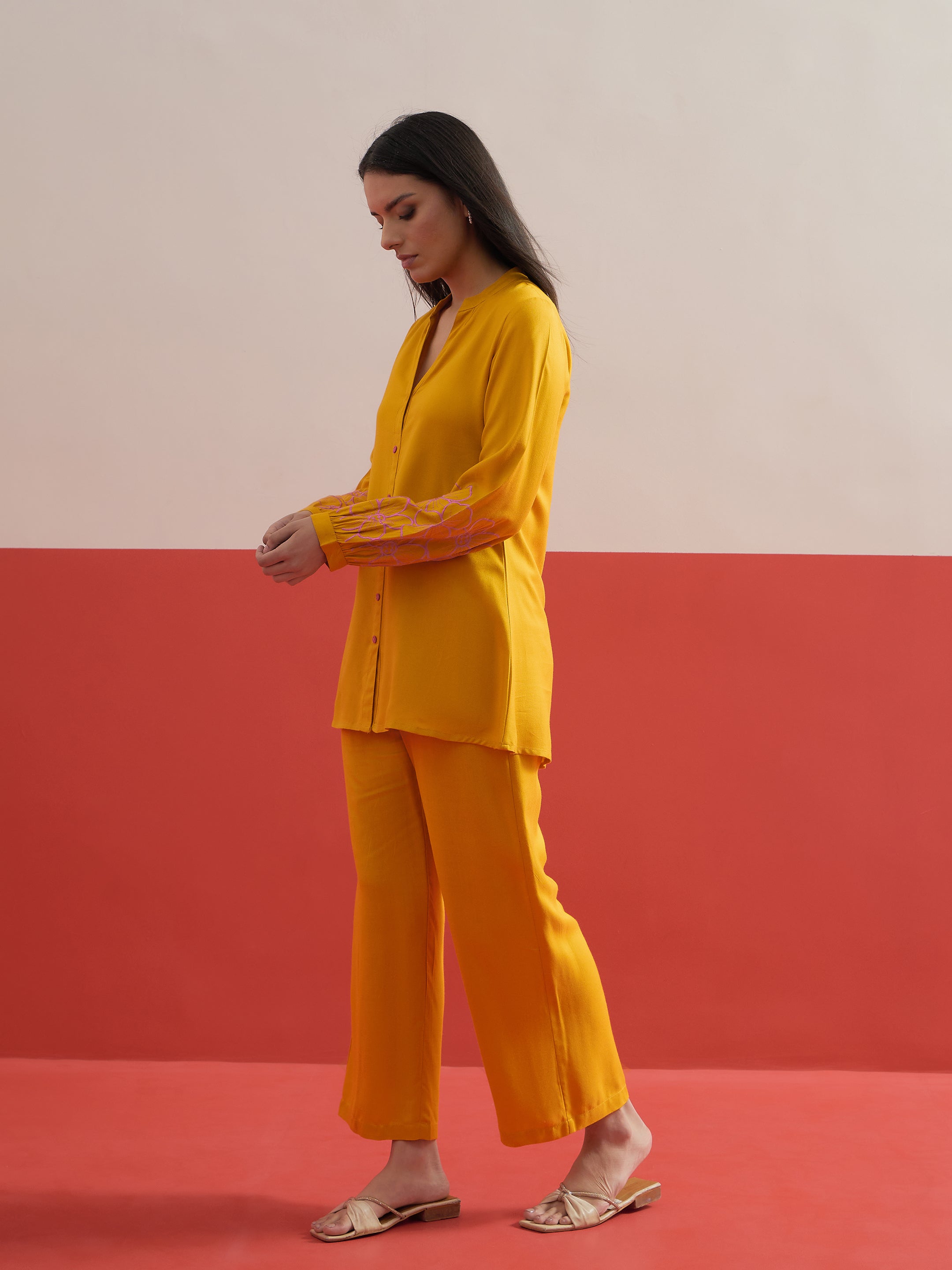 Women Yellow Sleeves Embroidered Shirt With Pants