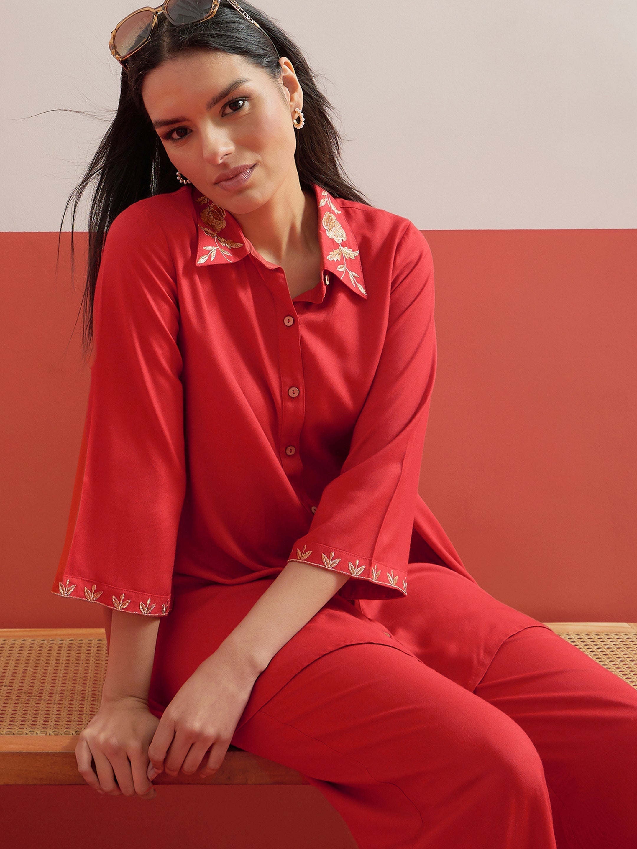 Women Red Zari Embroidered Shirt Collar Top With Palazzos