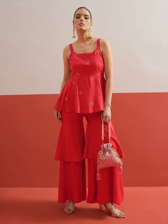 Women Red Embroidered Top With Layered Sharara Pants