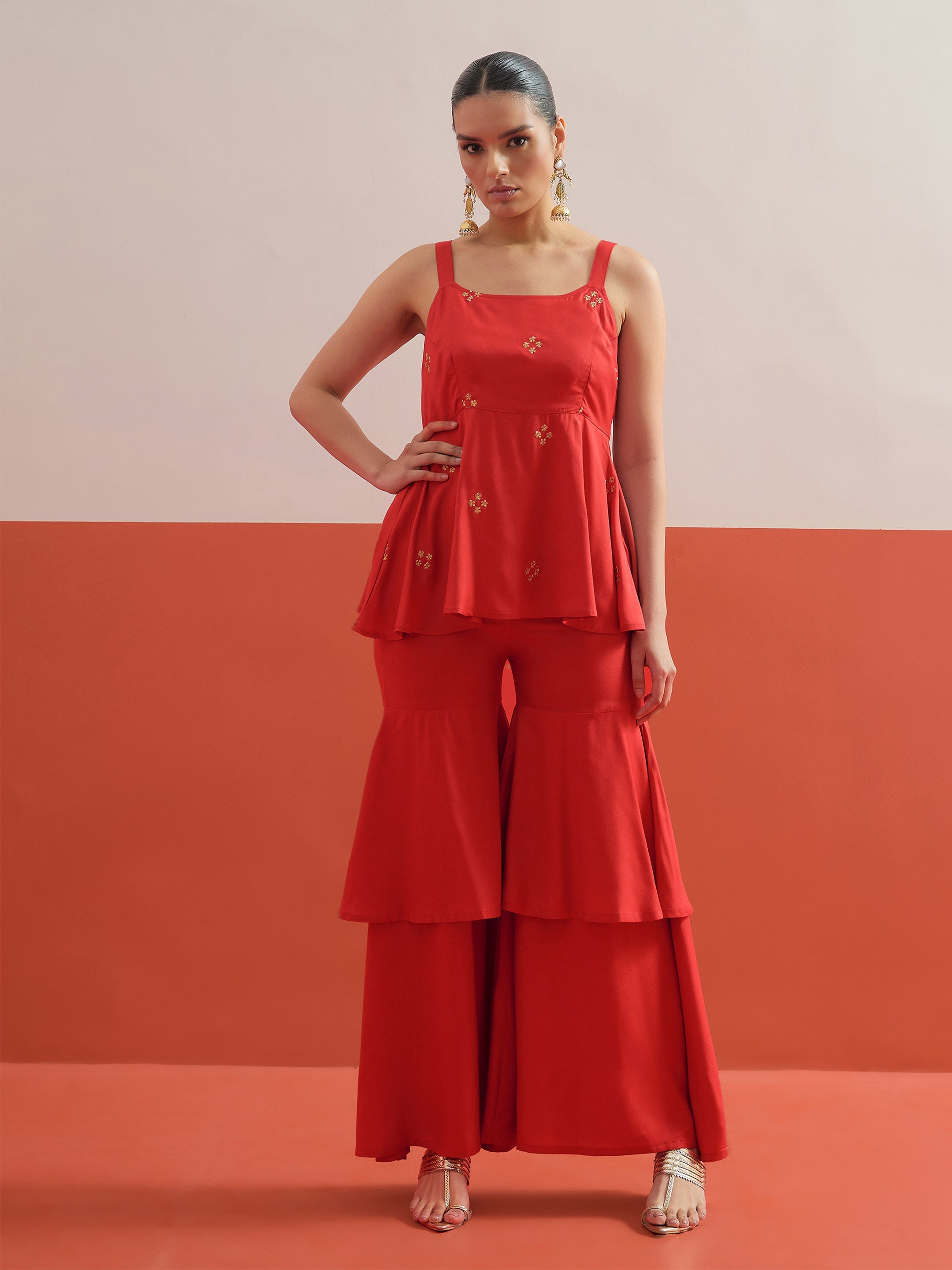 Women Red Embroidered Top With Layered Sharara Pants
